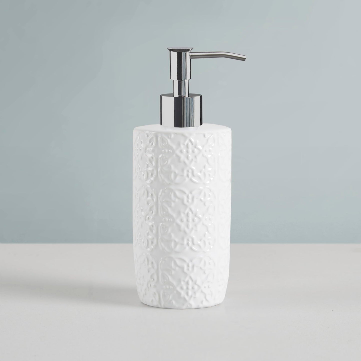 Martha Stewart Ceramic Bathroom Accessories Set, Vanity Decor Storage Organizer, Embossed Damask Medallion, Lotion/Soap Dispenser, Toothbrush Holder