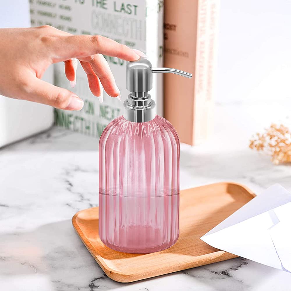 14 Oz Glass Soap Dispenser with 304 Rust Proof Stainless Steel Pump, Refillable Hand Liquid Soap Dispenser for Bathroom, Kitchen， Countertop