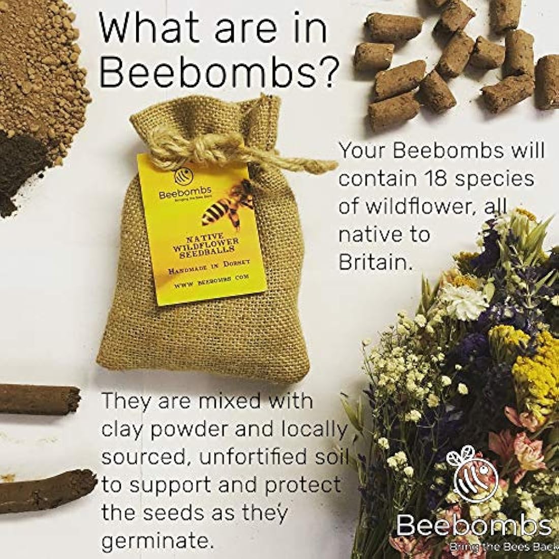 Official Beebombs Wild Flower Seeds UK Native Mix - Handmade in Dorset Wildflower Meadow Seed Balls, Bee Gifts, Gift for Gardener, 21sqft Coverage