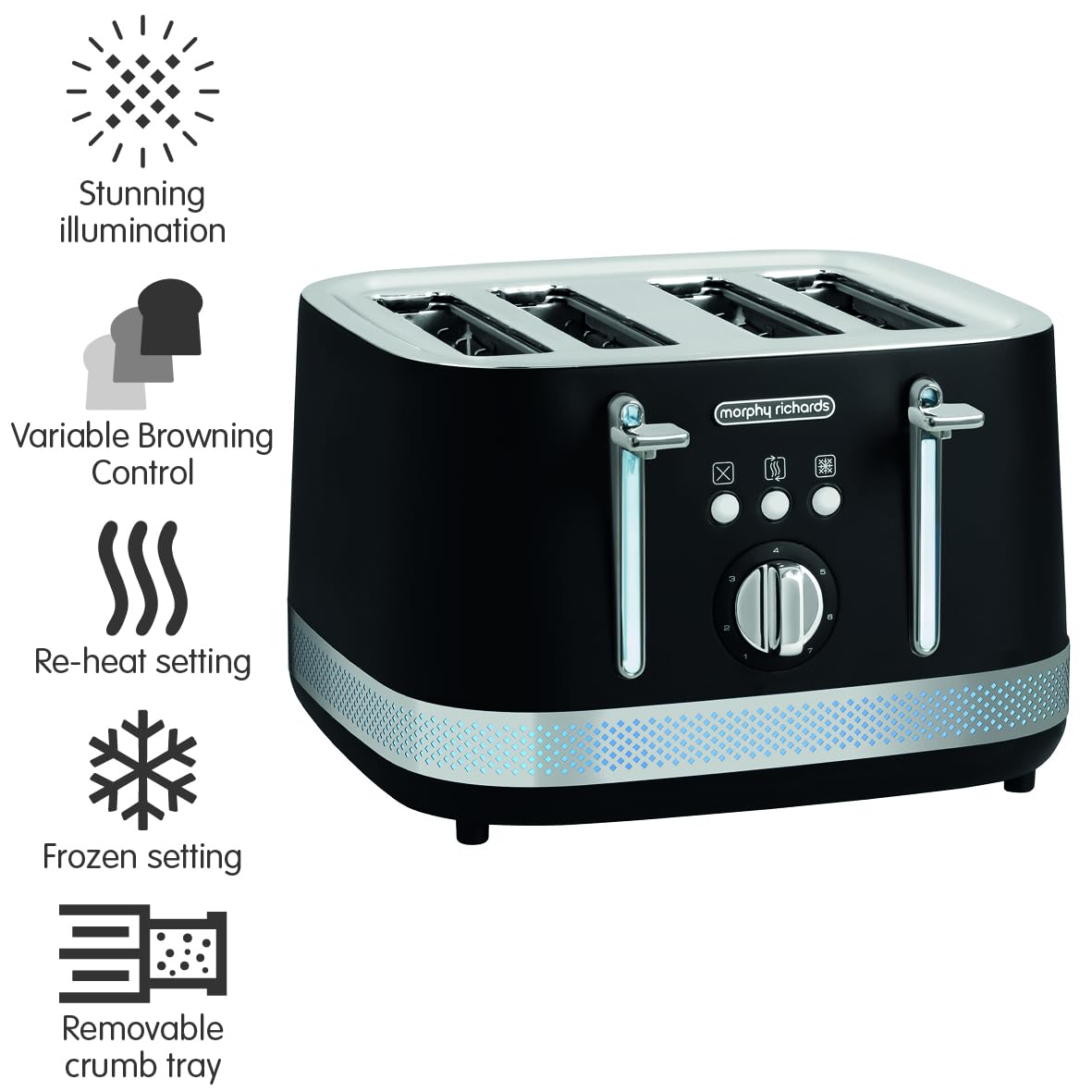 Morphy Richards Illumination 4 Slice Toaster, 7 Toast Settings, Browning Controls, Variable Width Slots, Auto Pop-up, Removeable Crumb Tray, Cord
