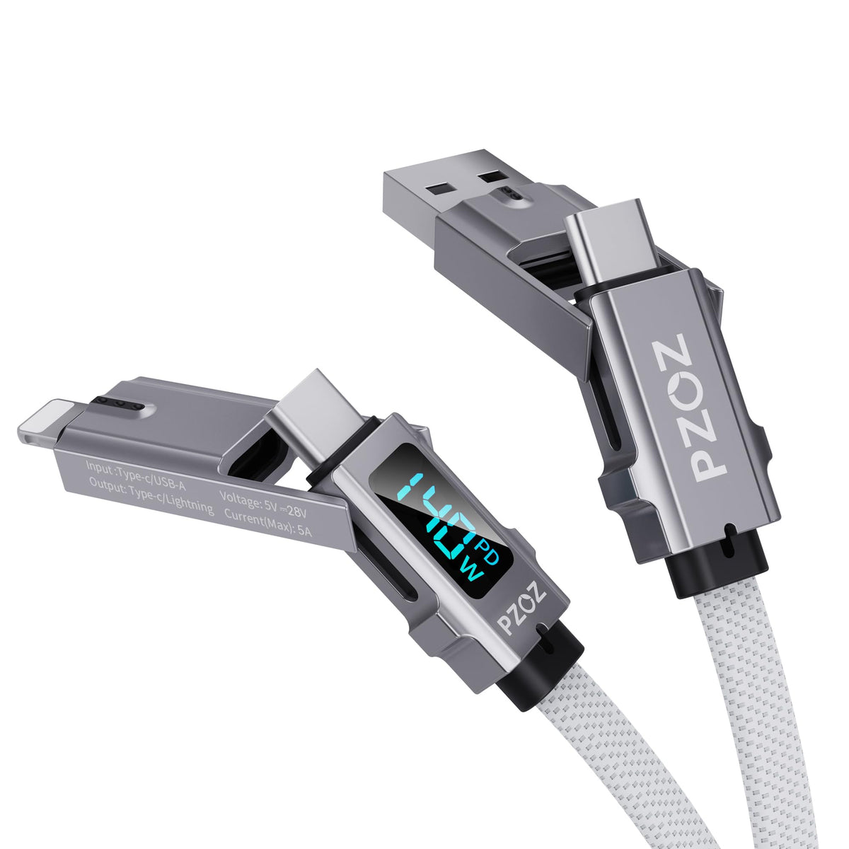 PZOZ 4 in 1 LED Display 140W USB Cable,USB C to Lightning/Type-c to USB C/USB A to Lightning/USB A to USB C Fast Charging Charger for iPhone iPad