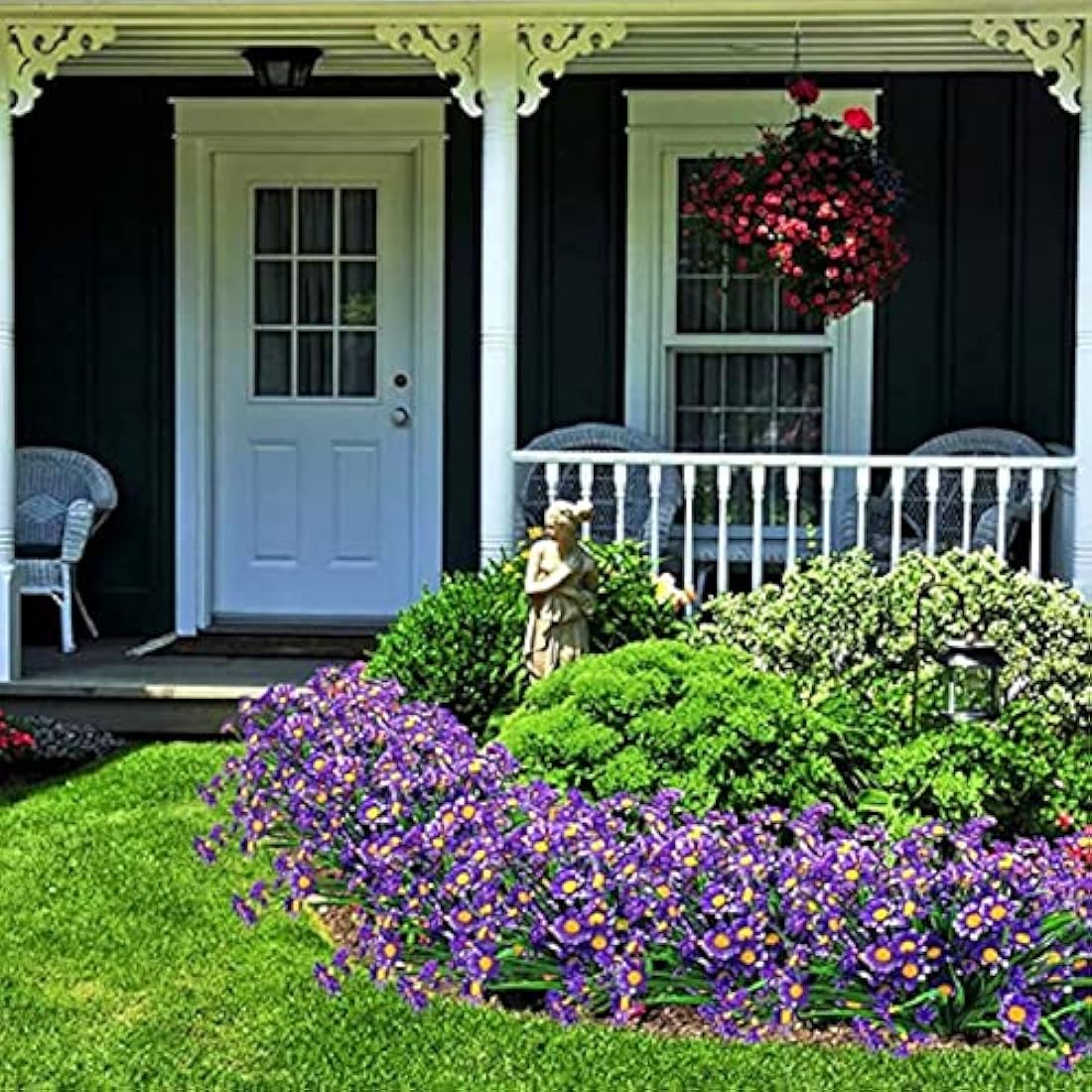 4PCS Artificial Daisy Flowers Outdoor Spring Summer Decoration UV Resistant Fake Flowers Faux Plastic Greenery Shrub Plant Indoor Outside Hanging Garden Home Porch Wedding Party Decor (Purple)