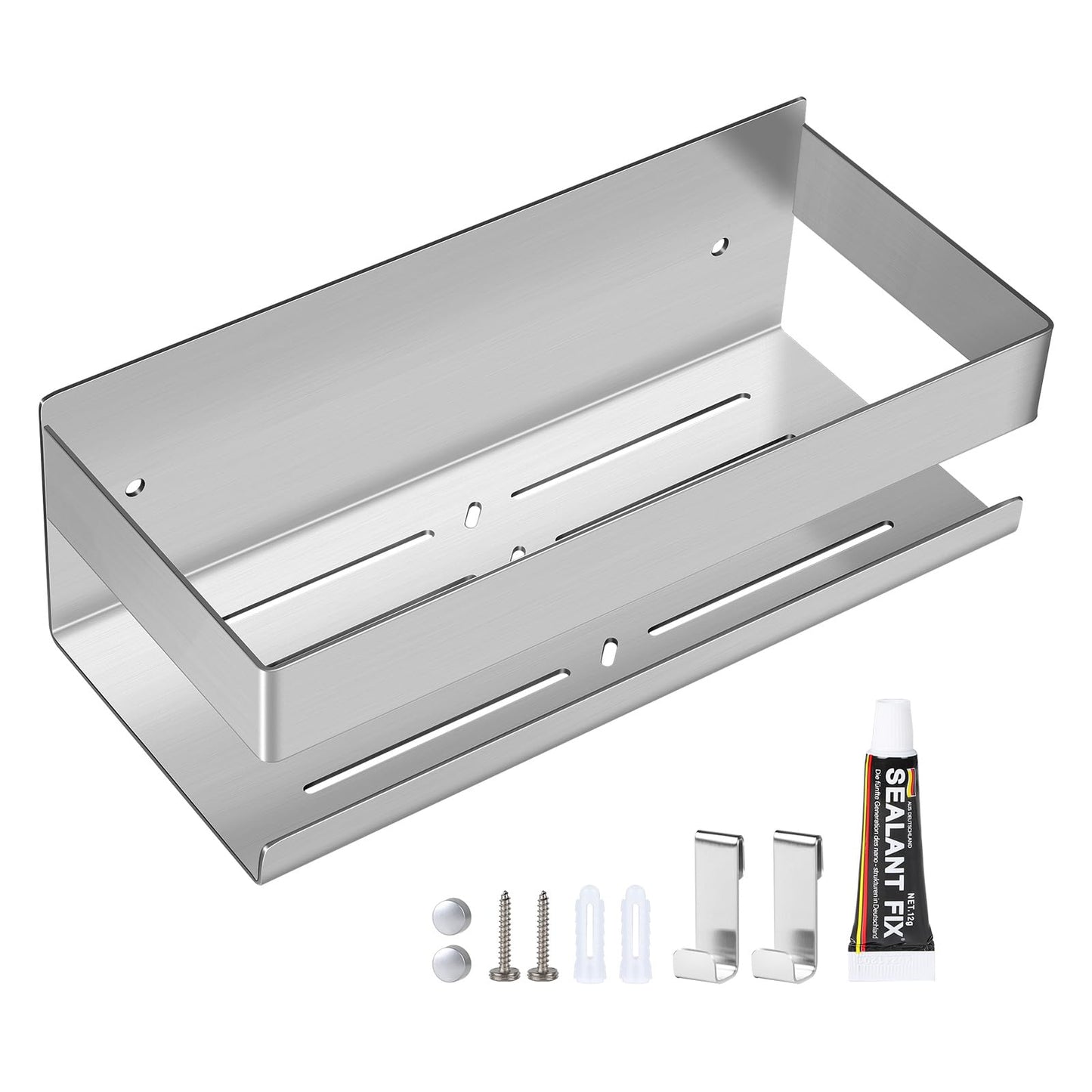 EXLECO Shower Shelf No Drilling Shower Shelf Wall Stainless Steel Bathroom Shelf with 2 Hooks Shower Basket Self-Adhesive Bathroom Shelf Bathroom