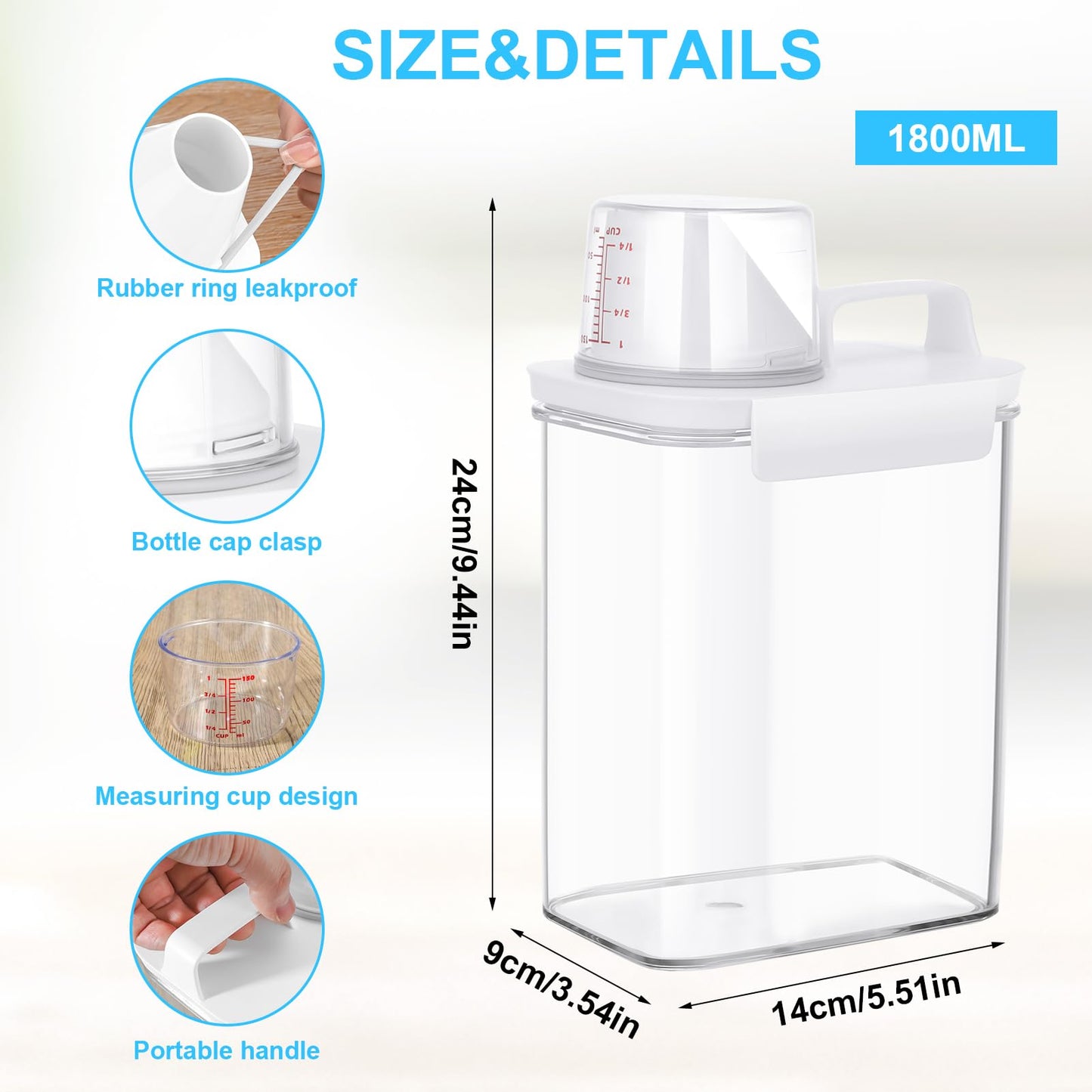 Invalidism 2 Pack Washing Powder Storage,1800ml Laundry Detergent Dispenser with Measuring Cup