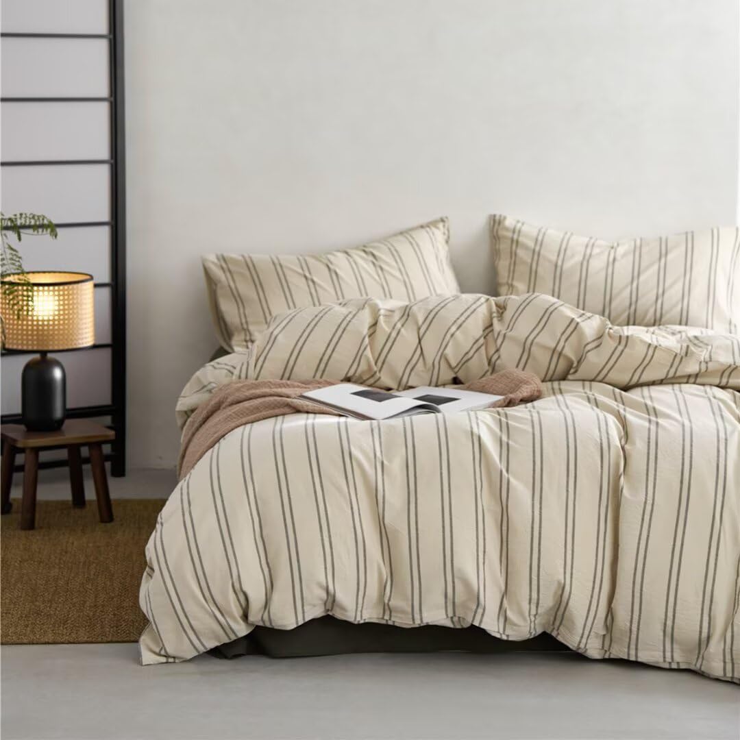 Ruccit Beige Duvet Cover Sets Double Bed Green Striped 100% Washed Cotton Cream Duvet Cover Double Kids Teens Modern 3pcs Quilt Cover Farmhouse