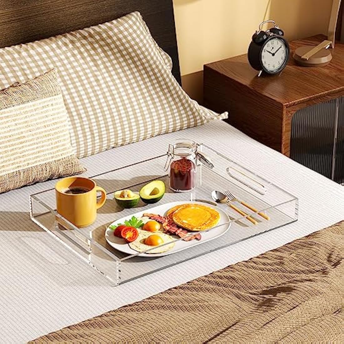 Clear Serving Tray 12x16 Inches/ 30x40 cm -Spill Proof- Acrylic Decorative Tray Organiser for Ottoman Coffee Table Countertop with Handles