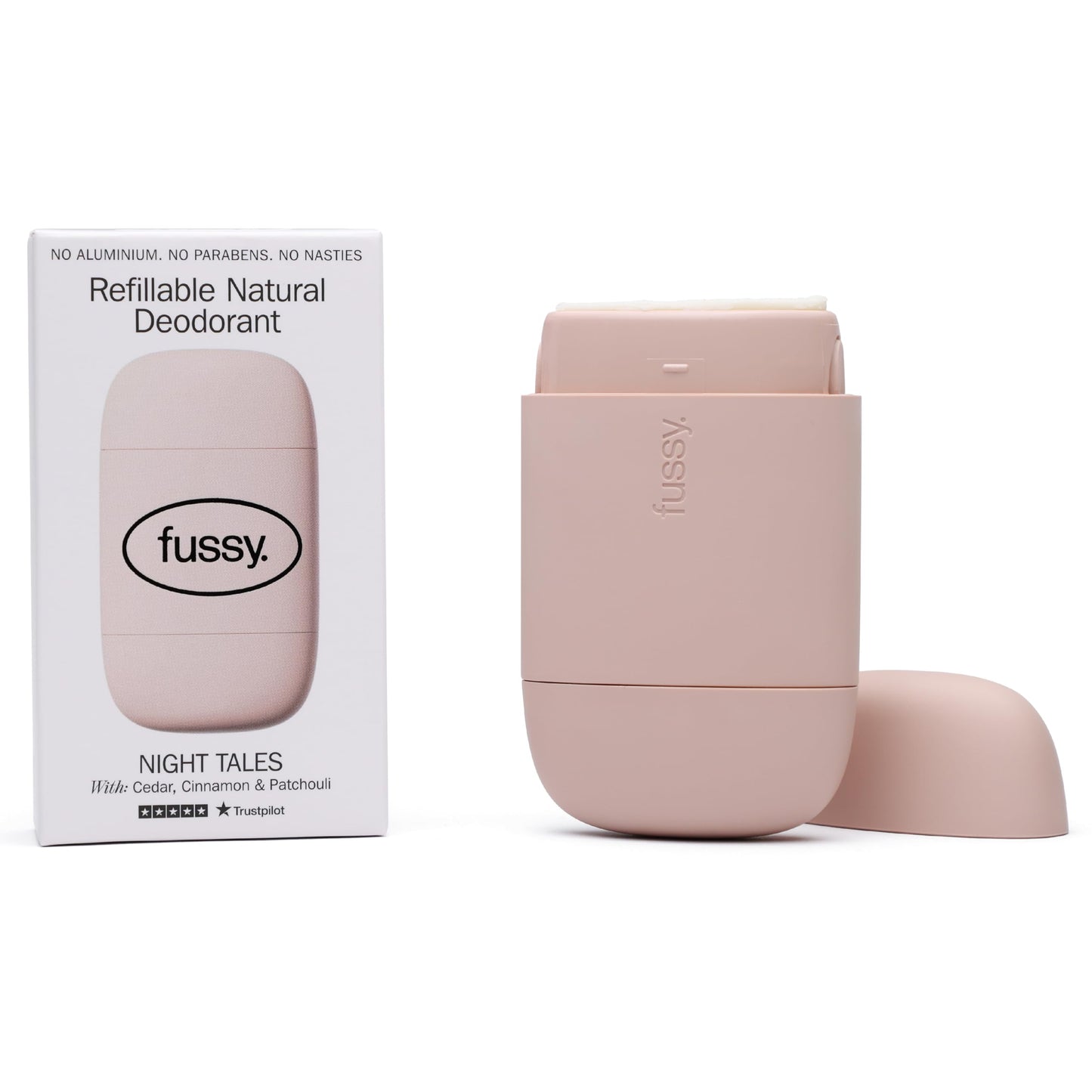 Fussy - Natural Refillable Deodorant - Aluminium Free - 24 hour protection - Floral Scent and Blush Pink Case - Cedar, Cinnamon and Patchouli - Vegan