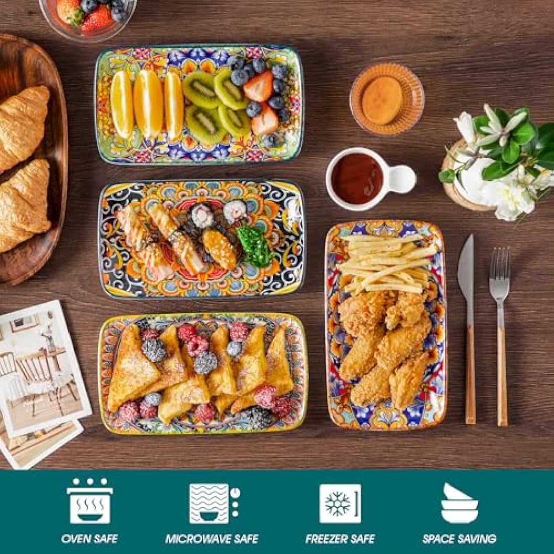 vancasso SIMI Serving Platter, 9.5 in Small Serving Dishes, Porcelain Rectangle Serving Plates Set of 6, Dishwasher and Microwave Safe, Sushi Platters for Party