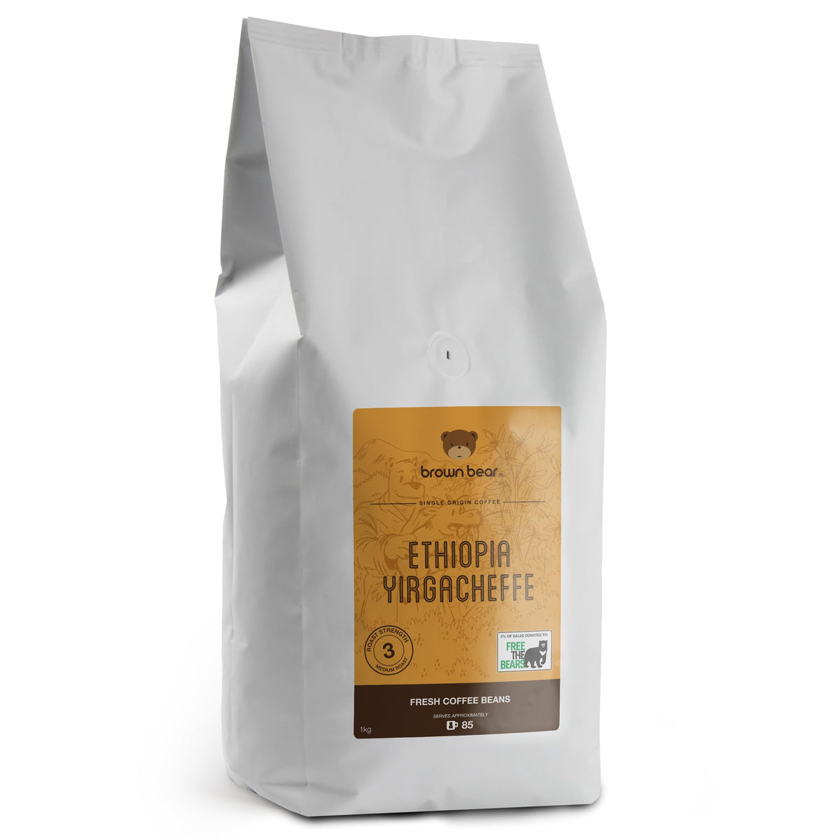 Ethiopia Yirgacheffe Coffee Beans 1kg - Medium Roast - Strength 3 - Suitable For All Machines - Brown Bear Ethiopian Coffee - Donation to Free The