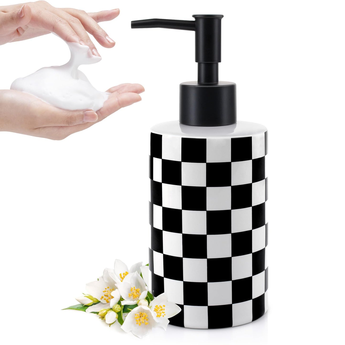 Soap Dispenser with Matte Black Pump, Ceramic Soap Dispenser Bathroom, Checkerboard Dish Soap Lotion Dispenser for Kitchen Sink