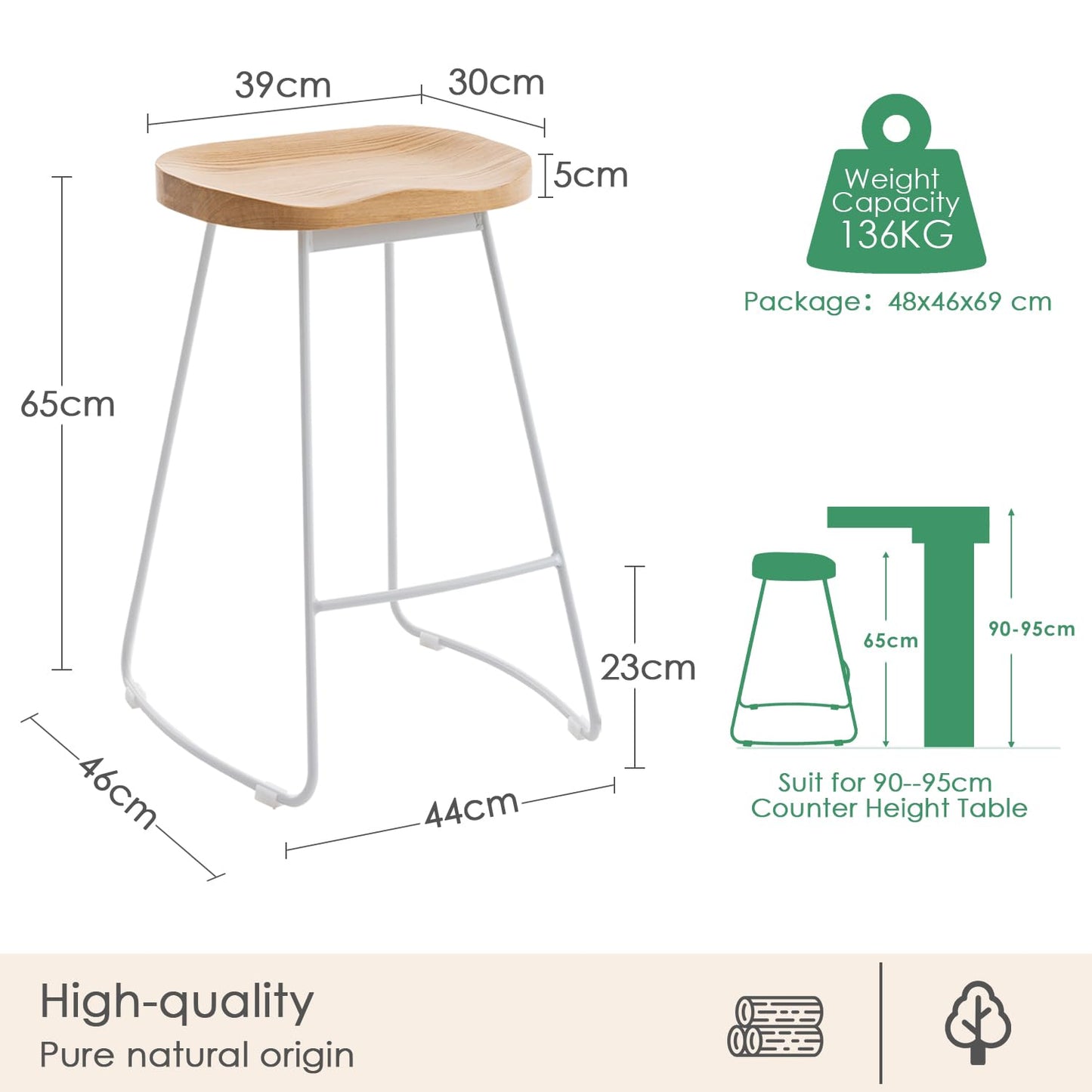 YOUNUOKE Bar Stools set of 2, 65cm Counter Height Bar Chairs White Legs