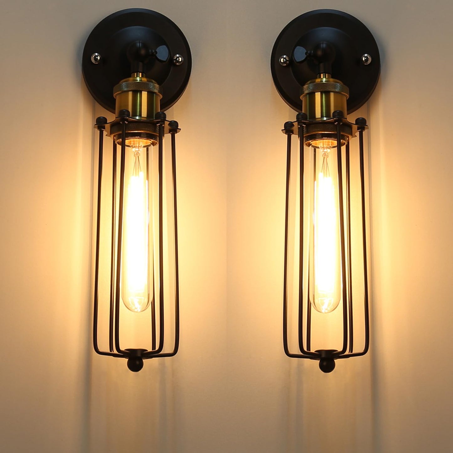 Two Packs Industrial Vintage Wall Light Tube Bulbs Rustic Adjustable Angle Wire Metal Cage Wall Lamp Sconces Retro Indoor Lighting Fixture Fit for