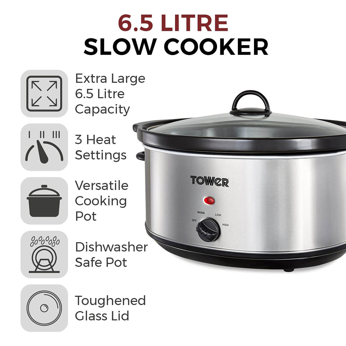 Tower T16040Y Slow Cooker with 3 Heat Settings and Removable Dishwasher Safe Crock Pot, 6.5 Litre, 300W, Stainless Steel