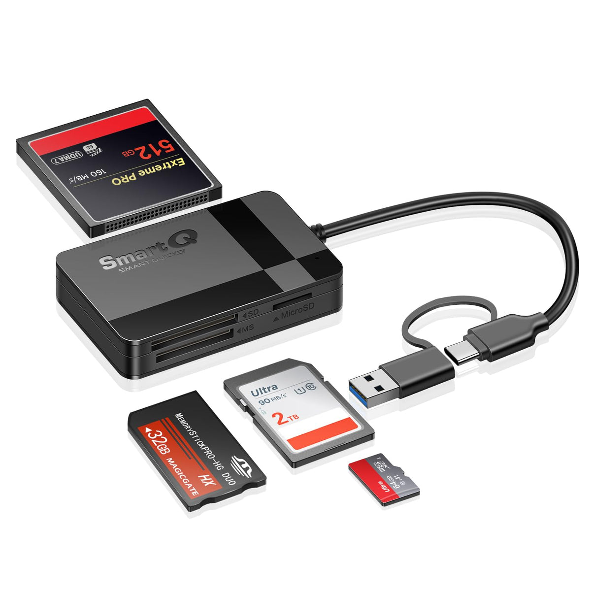 SDCard Reader, Multi-Format Memory Card Reader 4-in-1 usb C USB 3.0 Dual Connector Adapter Supports SD, MS, CF, TF, and Micro SD Cards. Compatible