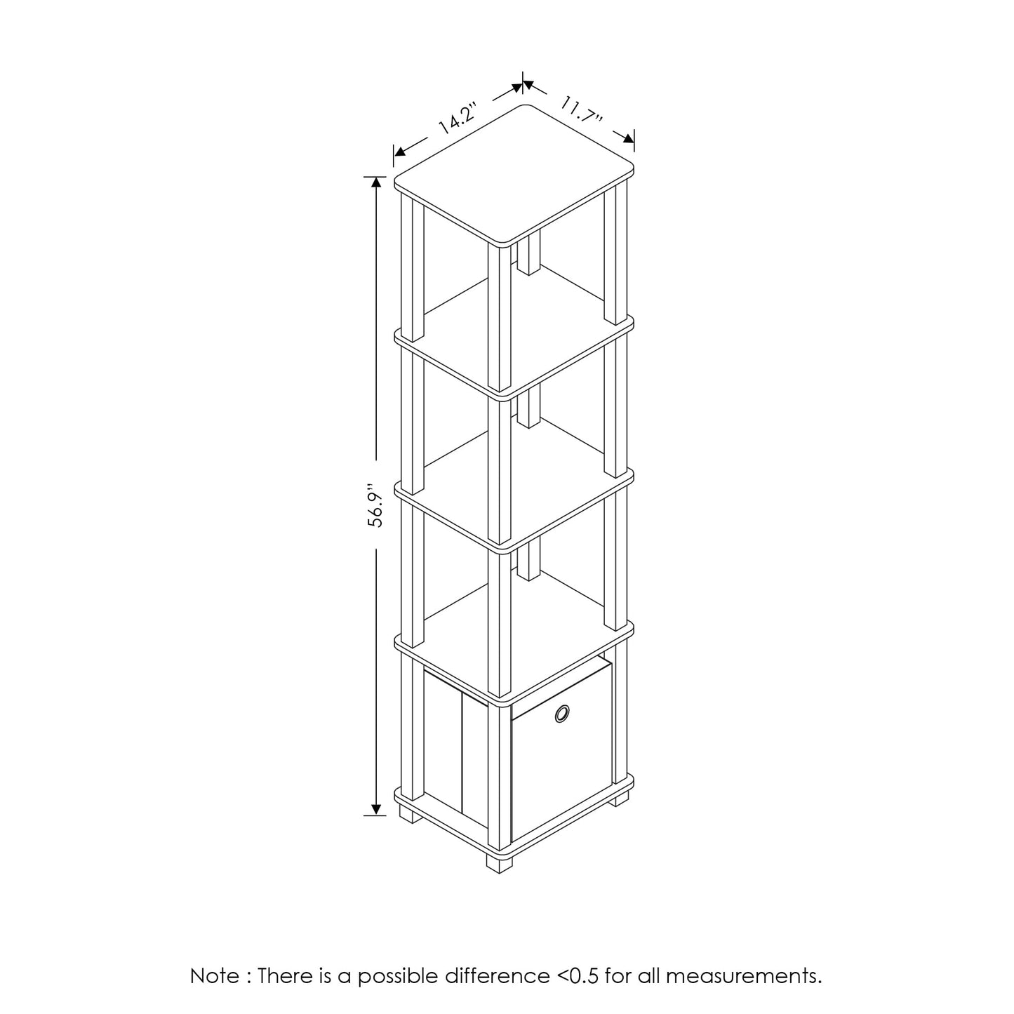 Furinno TURN-N-TUBE Book Shelf, 5-Tier Square Open Frame Display Shelf, Corner Storage Shelves with Storage Bin, Shelving Unit