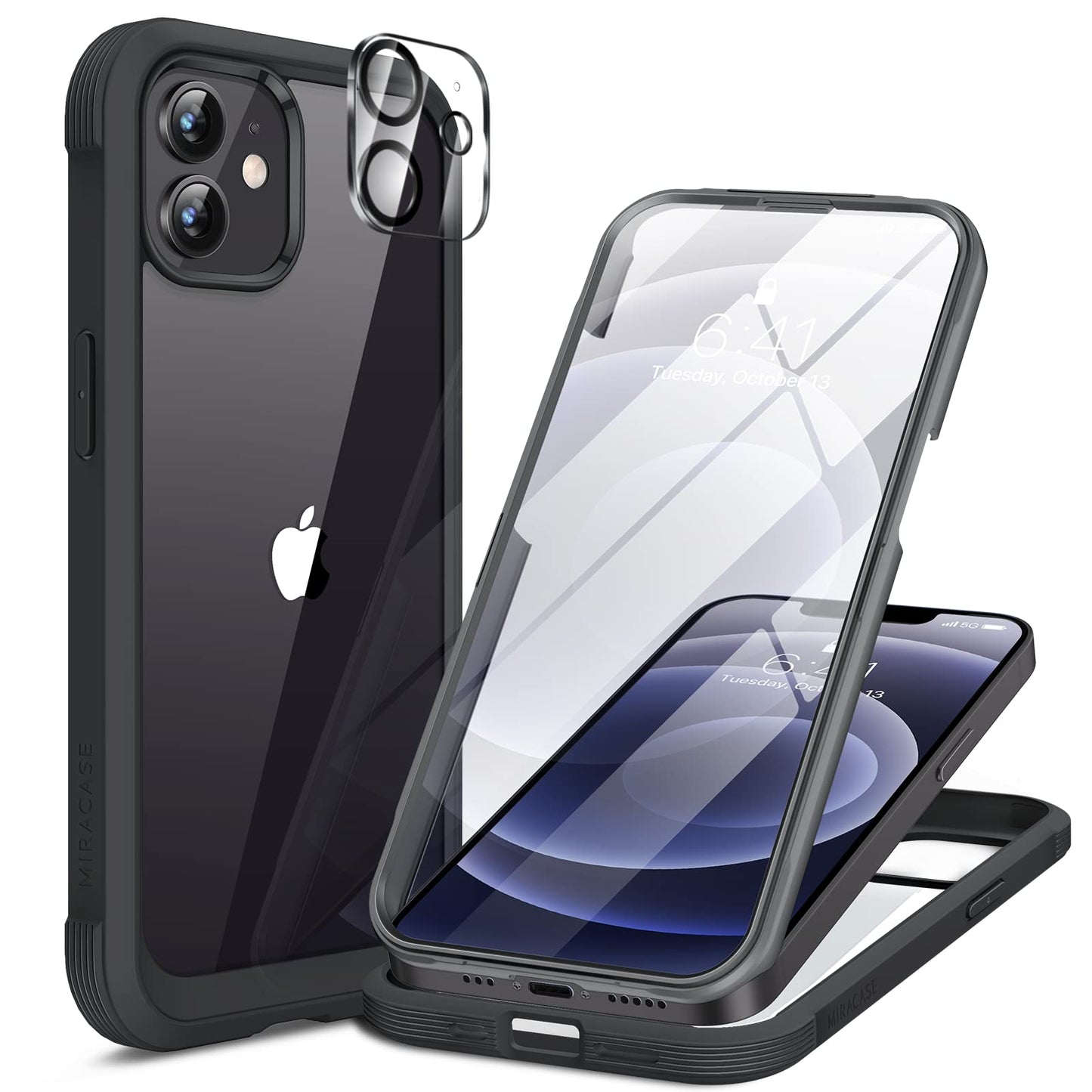 Miracase Compatible with iPhone 12/12 Pro Case 6.1 inch, [Built-in Glass Screen Protector] Full Body Rubber Bumper Case Cover (Black)