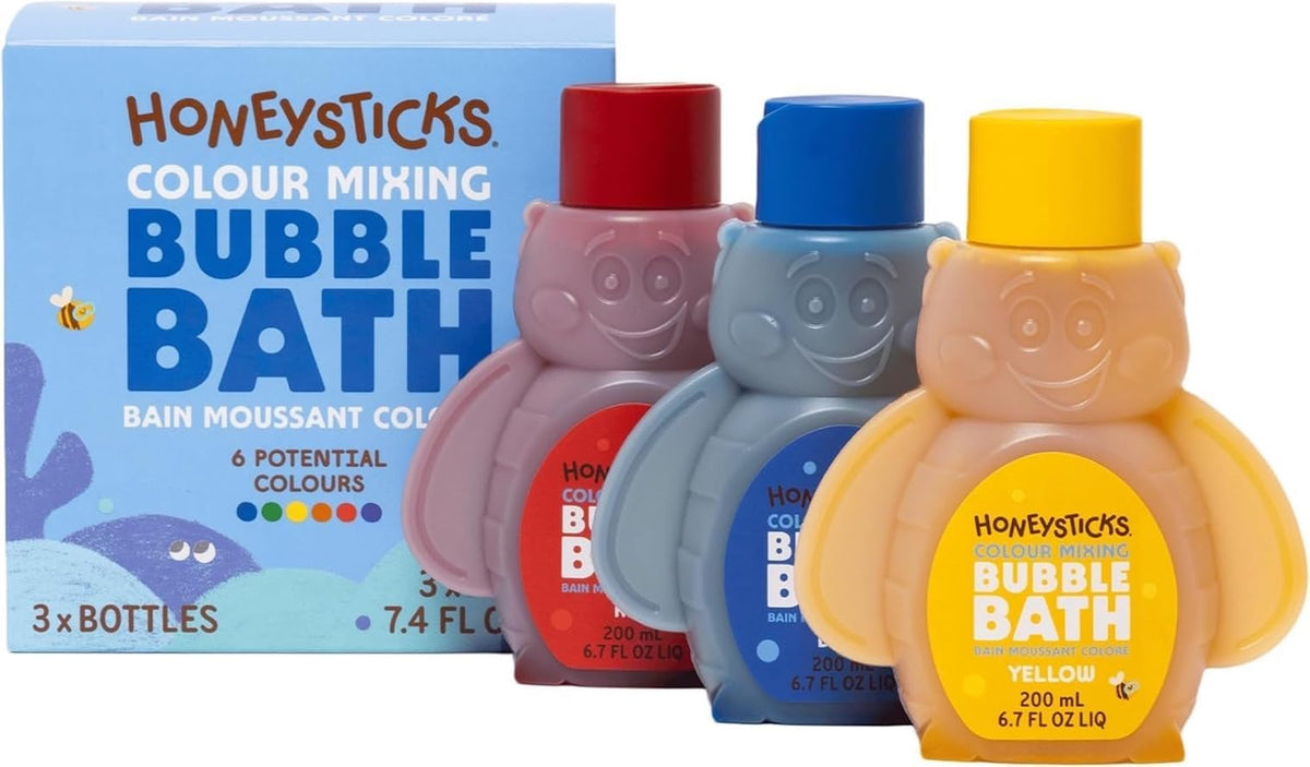 Honeysticks Kids Bubble Bath 3 Pk (Blue, Red, Yellow): Non-Toxic, Plant Based, Non Irritating - Changes Water Colour and Creates Super Foaming Bath