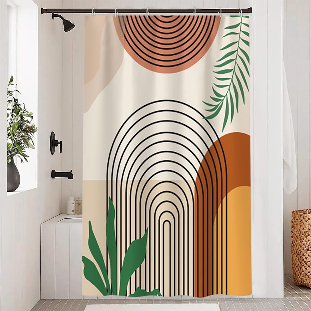 Uiiooazy Abstract Shower Curtain, Boho Mid Century Terracotta Arch Green Leaves Bath Curtain Anti Mildew Waterproof Polyester Fabric Washable Shower