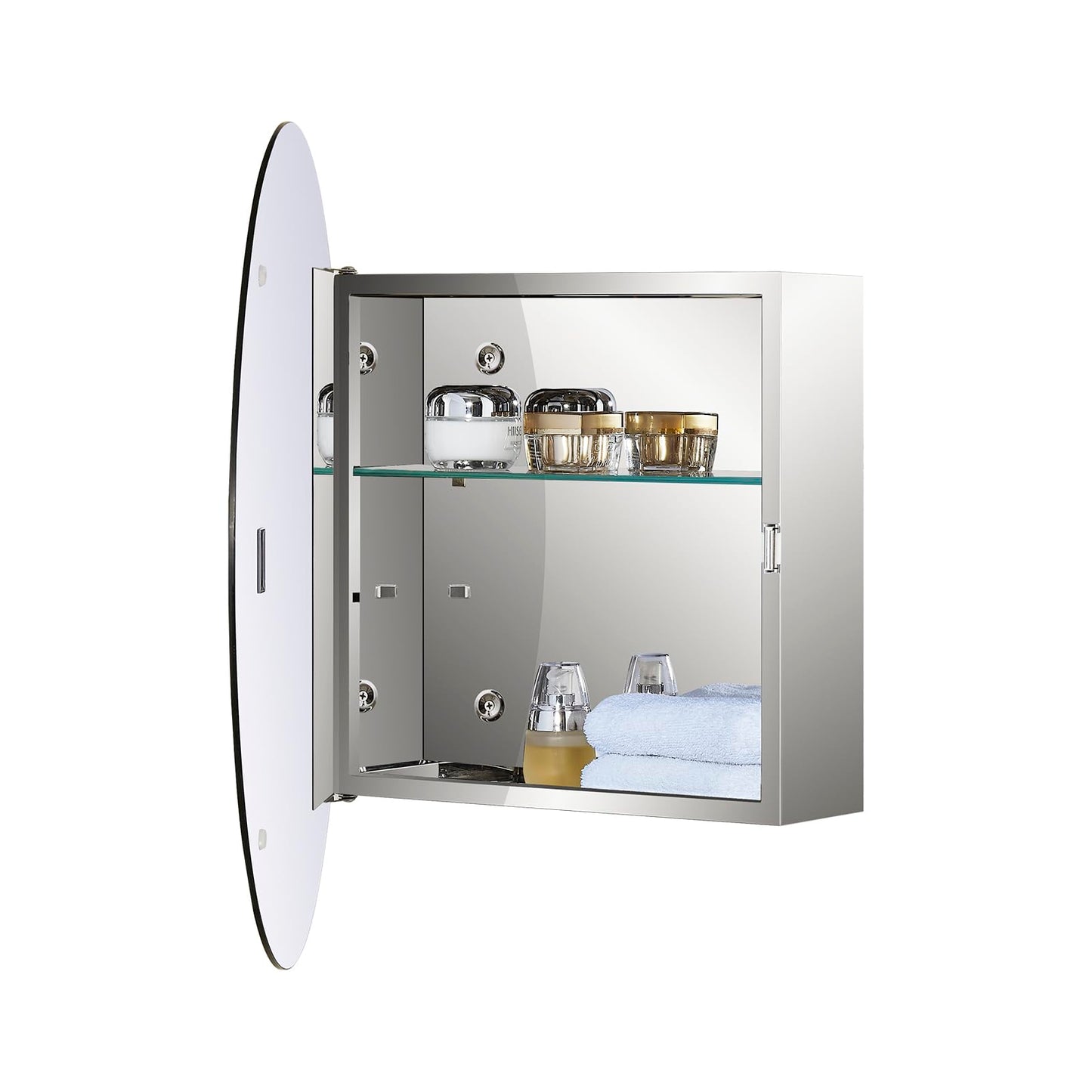 Fundin Mirror Cabinet with Stainless Steel Frame, Round Mirrored Door, Adjustable Glass Shelves, Surface Mounted, 50cm x 50cm, Mirrored Finish