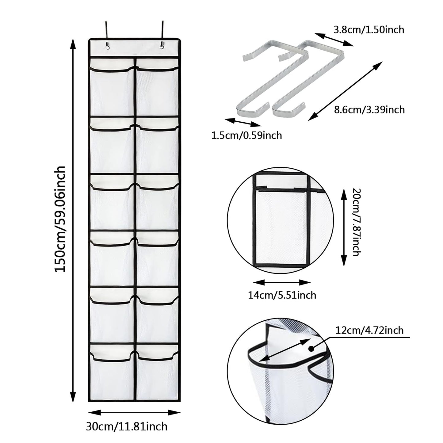 CORTNEY Over the Door Hanging Shoe Storage Holder Organizer, 12 Large Mesh Pockets, 2 Hooks for Shoe & Gadget Storage