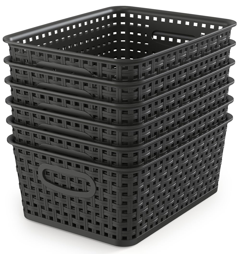 Woven Storage Organizer Basket, 6-Pack Black Plastic Weave Baskets, 10.1" x 7.55" x 4.1"