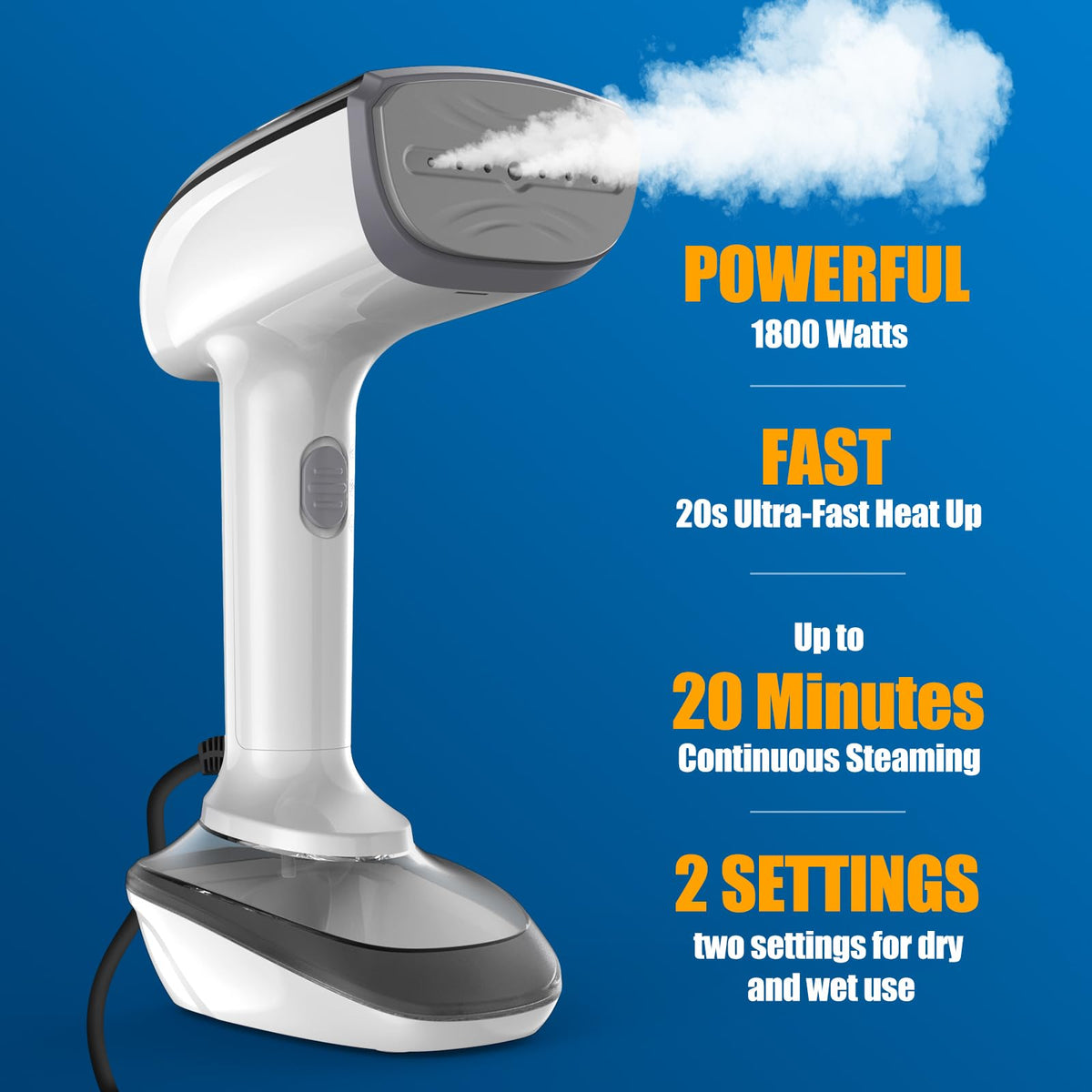 Powerful Handheld Fabric Steamer - 1800W with Fast Ceramic Heat-Up Plate, 2-in-1 Ironing & Wrinkle Remover, Steam Nozzle, Lint Brush - White, 220V