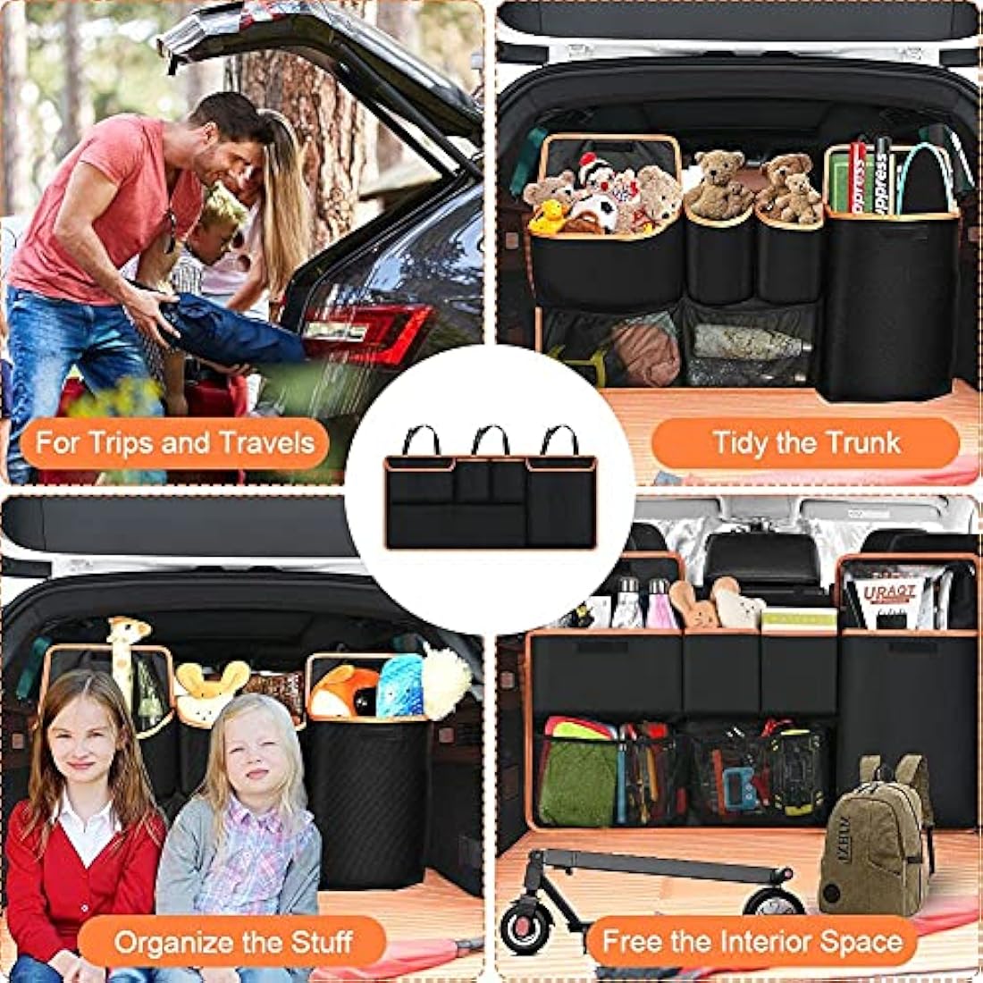 URAQT Car Boot Organiser Waterproof Kick Mats Seat Back Protectors, Travel Durable Foldable Multi-Pocket Children's Cargo Net Storage for Car Backseat Cover (100x45cm)