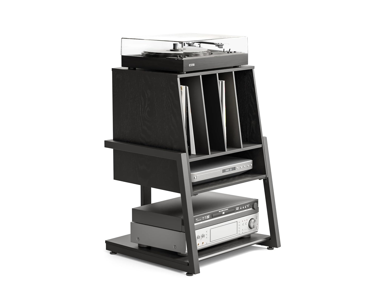 FITUEYES Record Player Stand with 4-Tier Wooden Shelves, Black