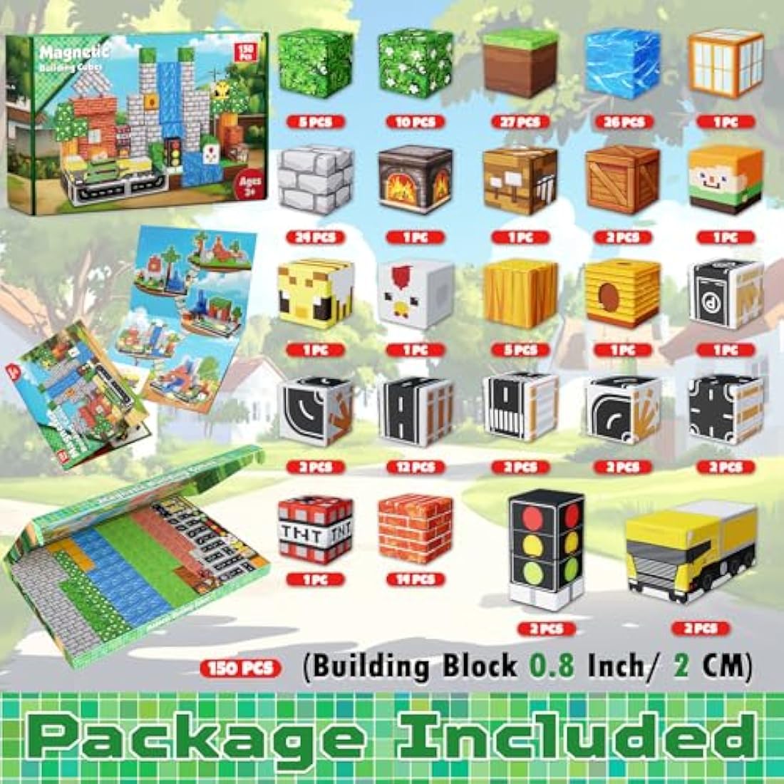 Magnetic Blocks - 150PCS Magnetic Building Blocks Road Forest Cubes Toys for Montessori Toddler Birthday Gifts -STEM Sensory Construction Toys for Kids Ages 3+ for Boy & Girl