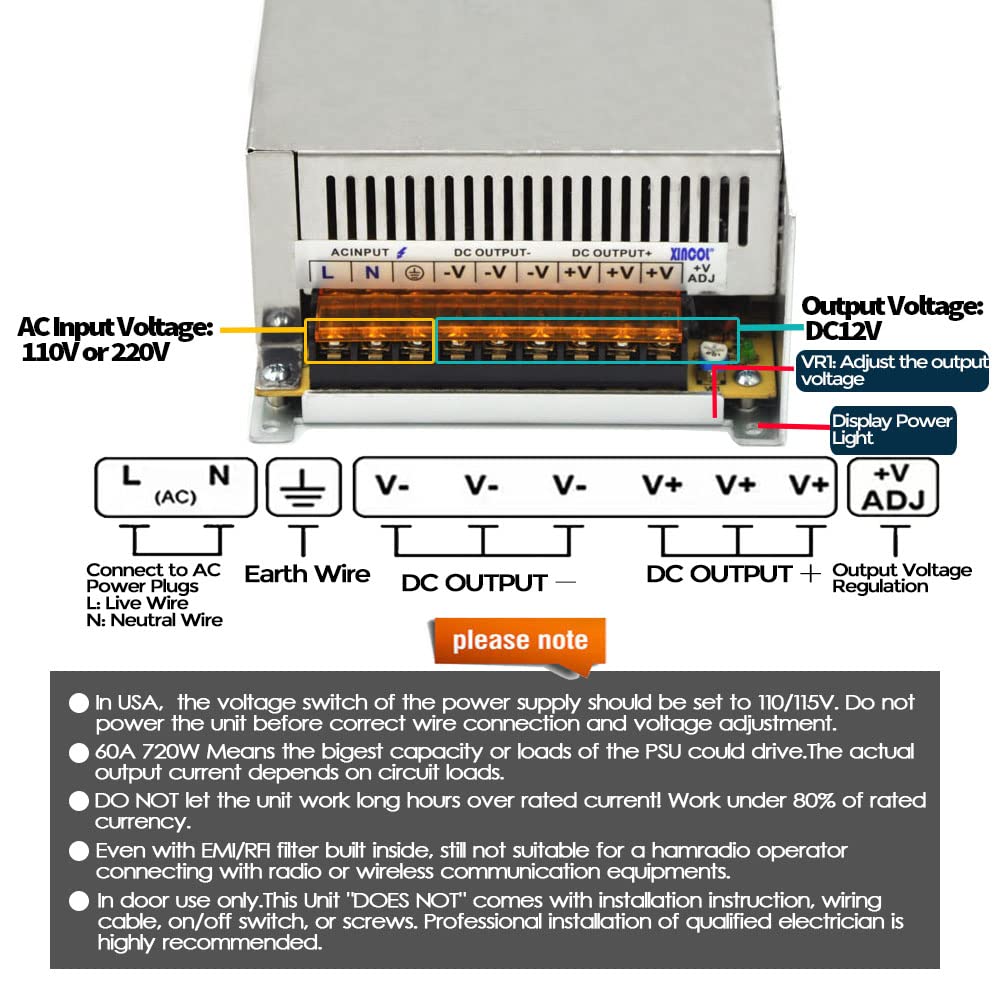 XINCOL AC110V/220V to DC12V 60A 720W Switched Mode Switching Power Supply (SMPS) Transformer Driver Adapter for LED Strip Light with Big Built-in Fan