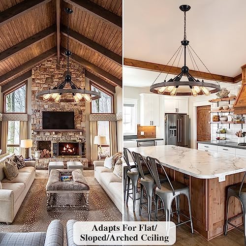 MRHYSWD Wagon Wheel Chandeliers Ceiling Light for Living Room, 6 Lights Rustic Industrial Outdoor Chandelier Black Pendant Light Fitting for Dining Room Kitchen Hallway Bedroom, Height Adjustment