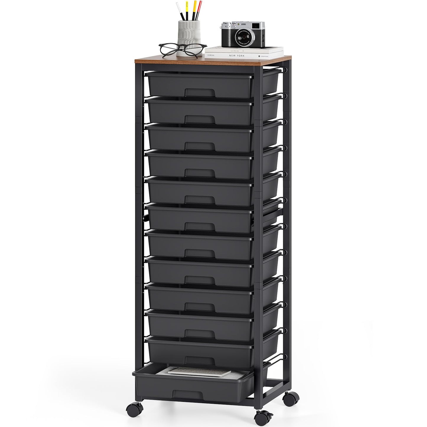 SYKIARIOL 12-Drawer Storage Trolley Rolling Cart with Wooden Top, Black