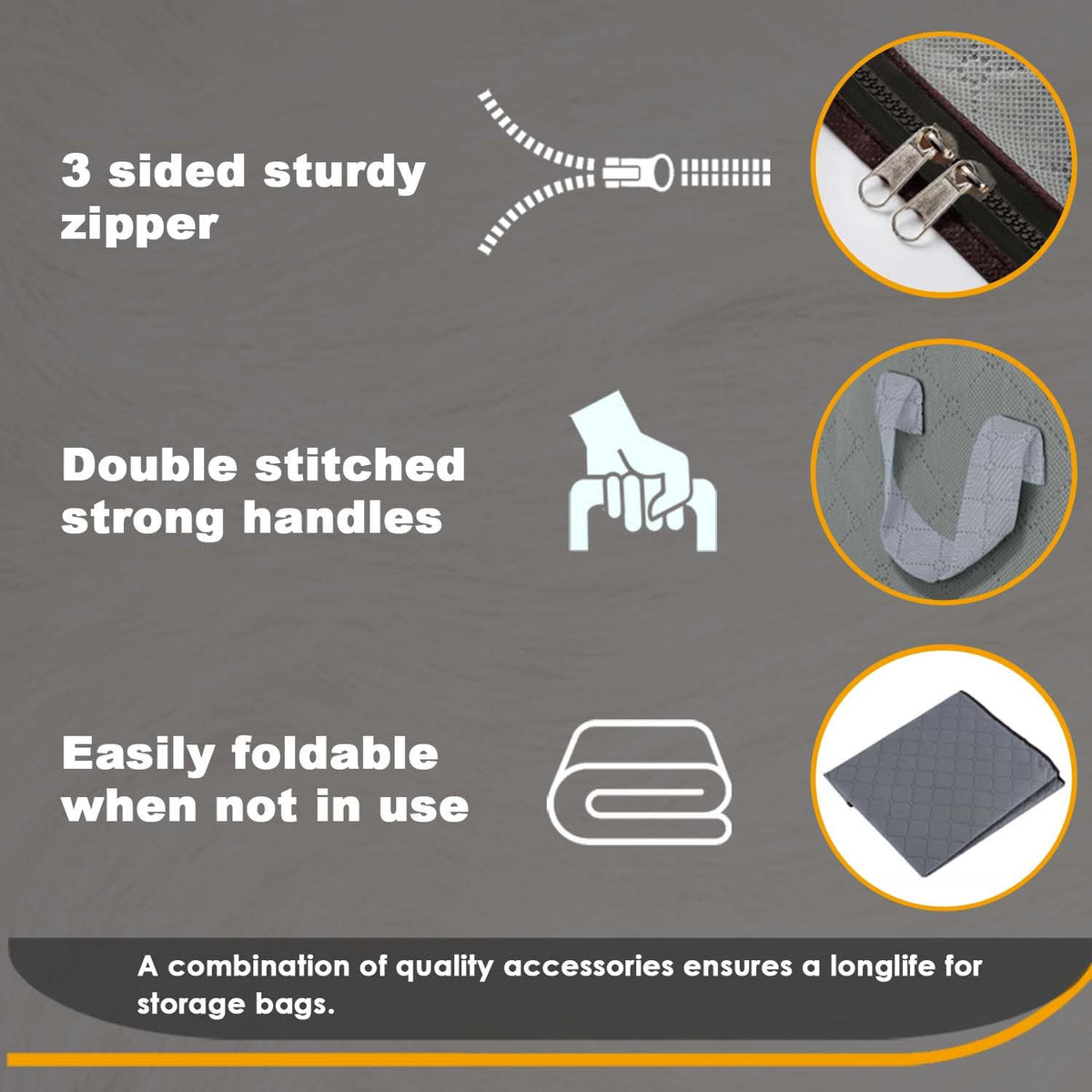KURNI Storage Bags | Clothes Organizer Boxes, Foldable 3 Pack Grey, 90L Capacity, 3 Sided Zipper Moving Large Bag. Dust & Moisture Proof