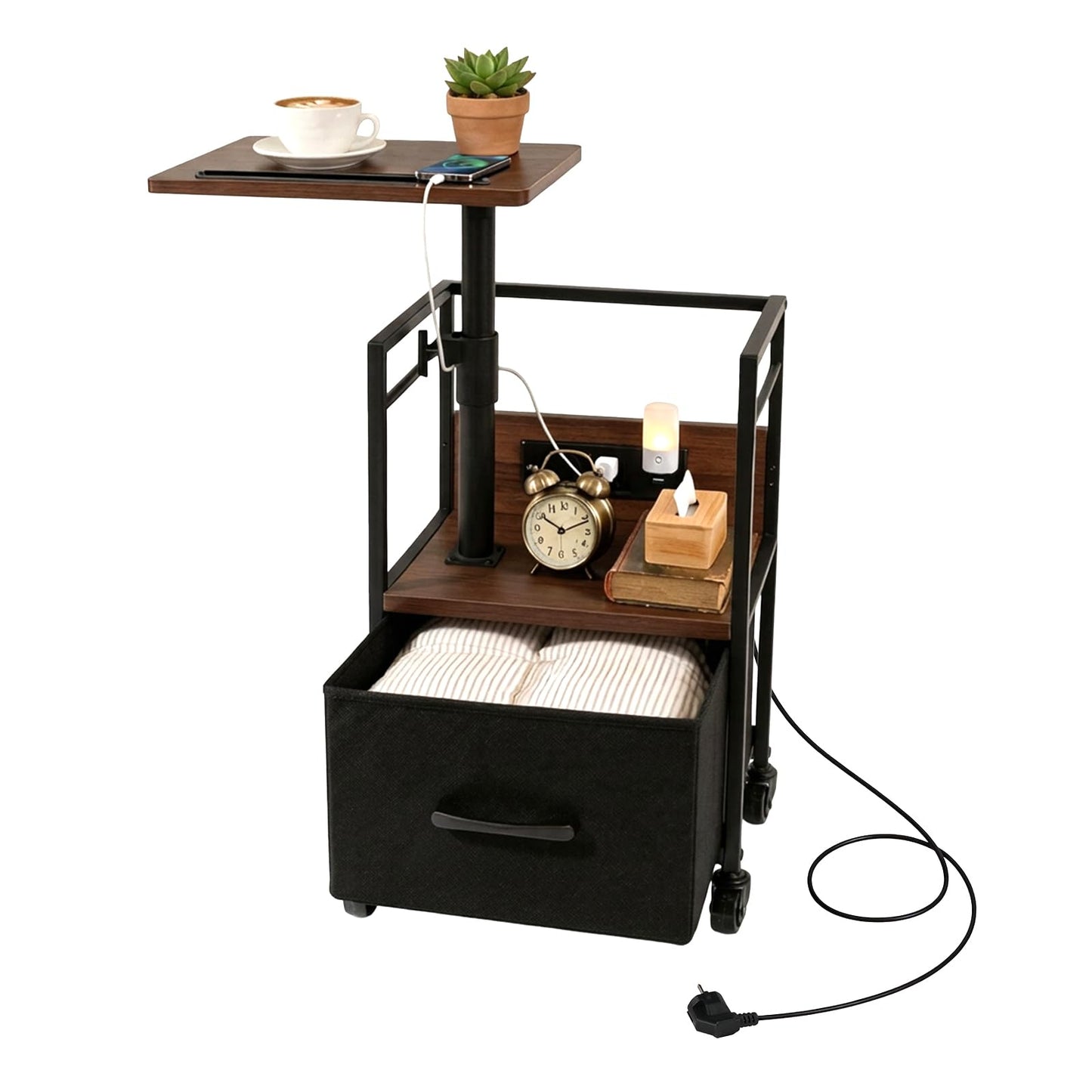 Bingyouth Bedside Table with Charging Station, Rotating Nightstand on Wheels with Adjustable Height, Drawer Storage and Swivel Top