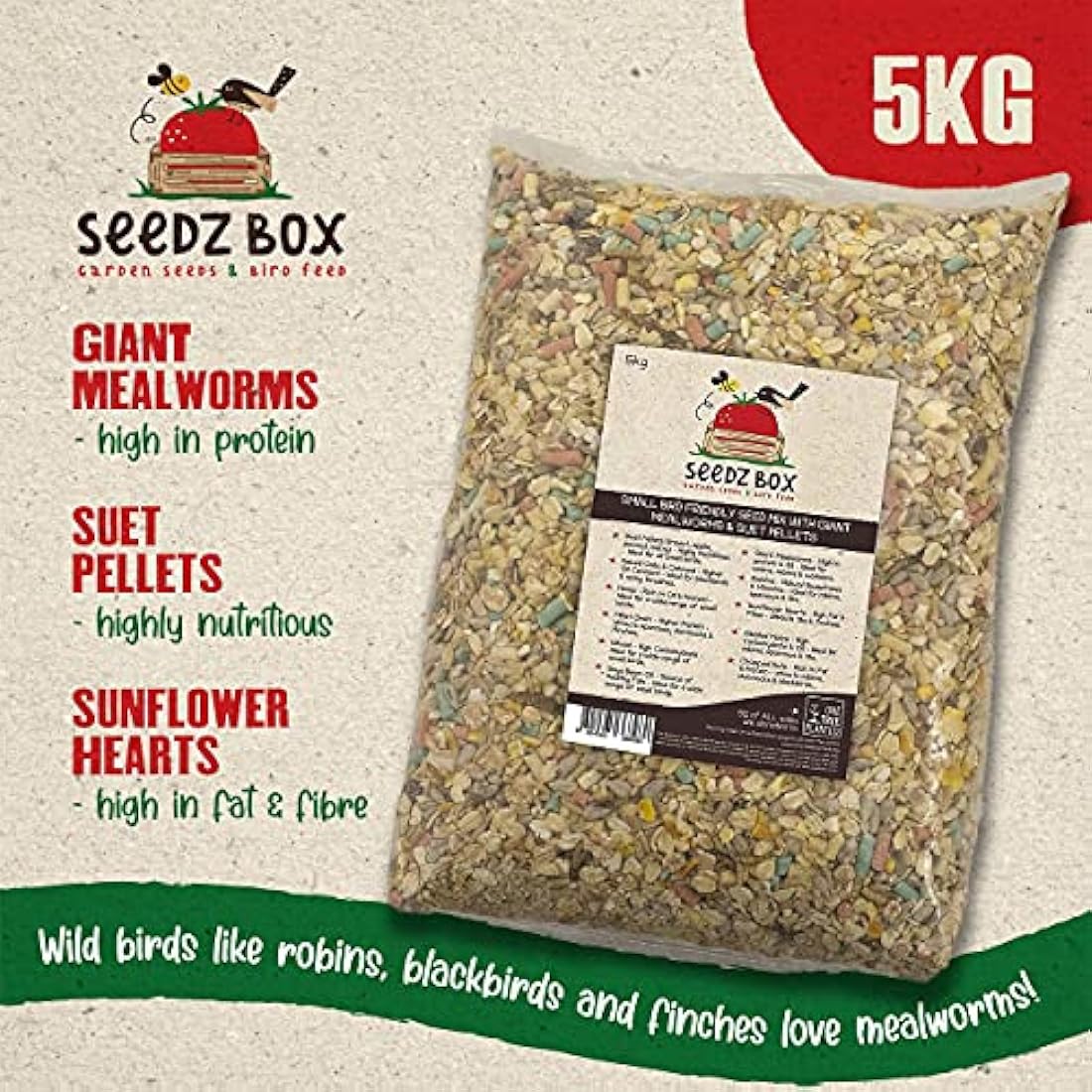 Wild Bird Food Seed Feed Mix with Suet Pellets For Small Garden Birds 5kg - SeedzBox - Deluxe Grains & Nuts, Natural Food for Wrens Robins & Finches - Maize Fats & Fibres