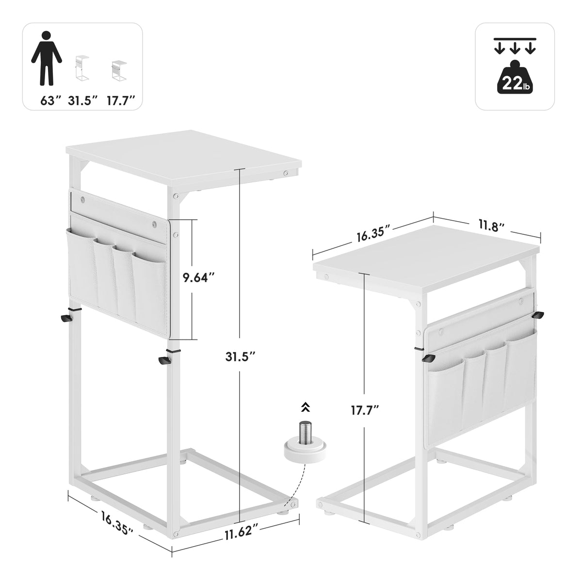 Vagusicc C-Shaped Side Table, Height Adjustable Sofa Side Table, Bedside Table with Cloth Storage Bag, C Table, End Table for Small Spaces