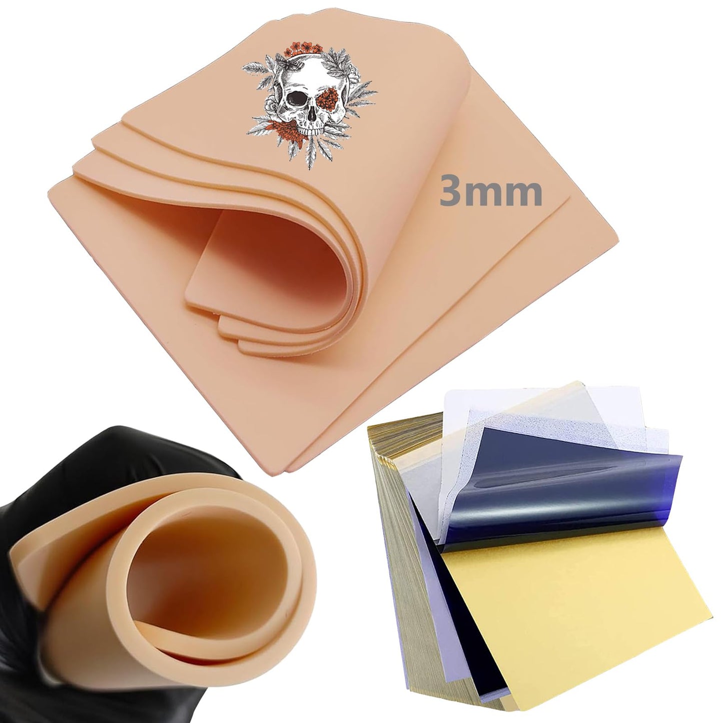 24 Pieces Tattoo Skin 3 mm with Transfer Paper Set, Unihuby 4 Pieces Synthetic Skin 3 mm and 20 Pieces Stencil Paper Practice Skin for Tattoo Practice