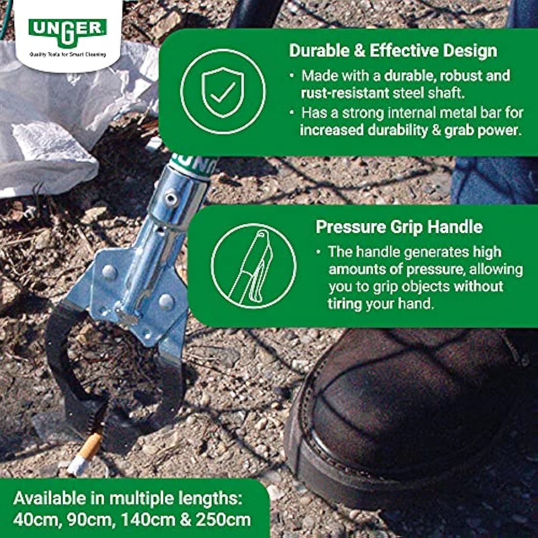 UNGER NiftyNabber PRO Litter Picker - Trash Rubbish Picker Grabber HEAVY DUTY 52cm /38'' - Multi-Purpose Reacher Grabber Stick - Steel Claw with Rubber Grip