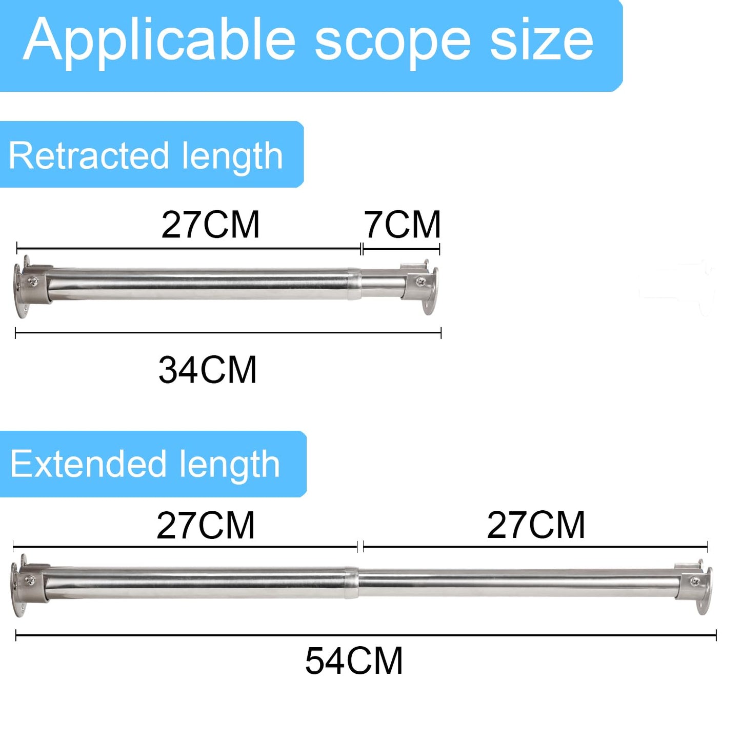 Wardlock 69-120cm Extendable Stainless Steel Wardrobe Rail, Adjustable Clothes Rail Pole With U Shaped End Sockets.