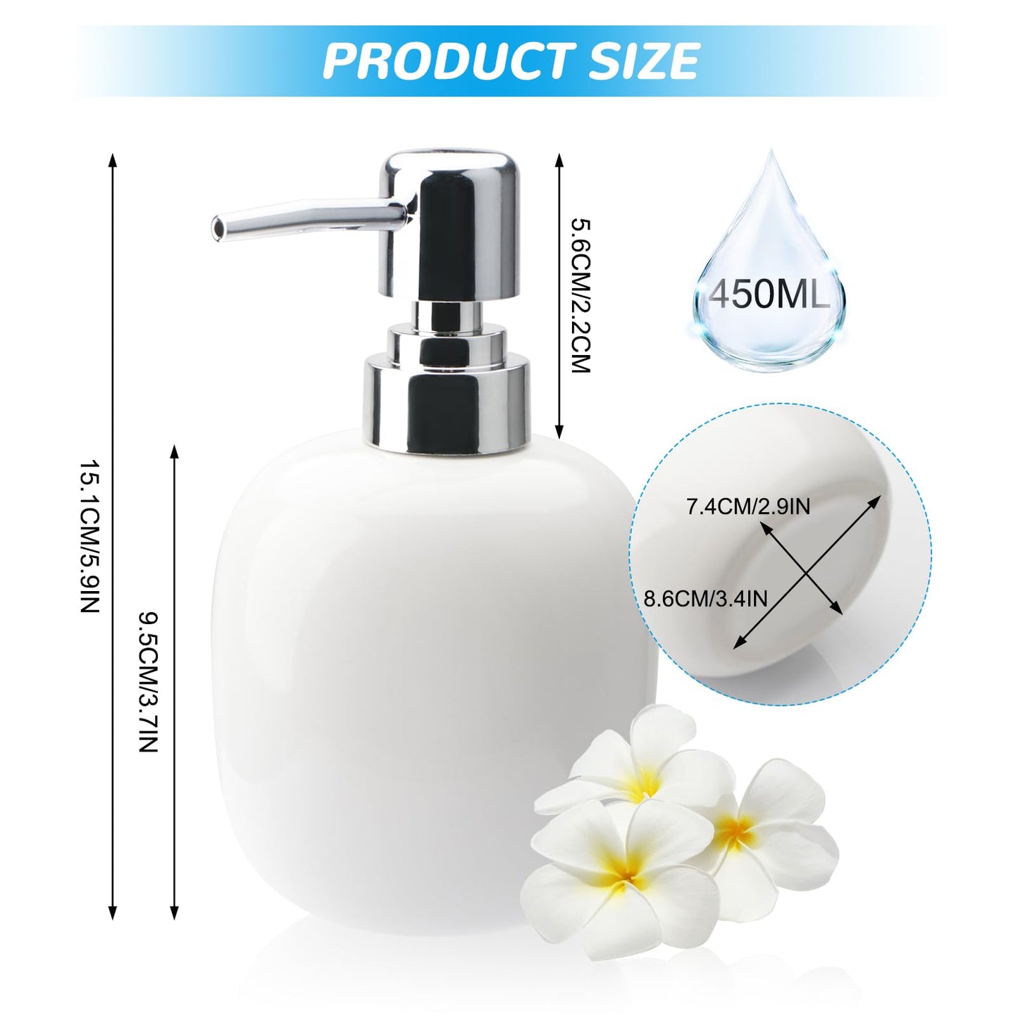 450ml White Oval Ceramic Soap Dispenser, Rustproof Silver Pump Refillable Lotion Bottle, Wide‑Mouth for Liquid Soap Shampoo Dish Soap