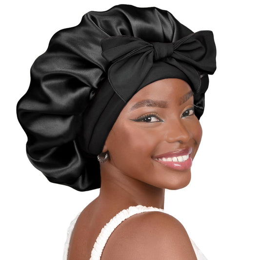 YANIBEST Silk Bonnet for Sleeping Women Satin Bonnet Double Layer Satin Lined Hair Bonnet with Tie Band Curly Hair Black