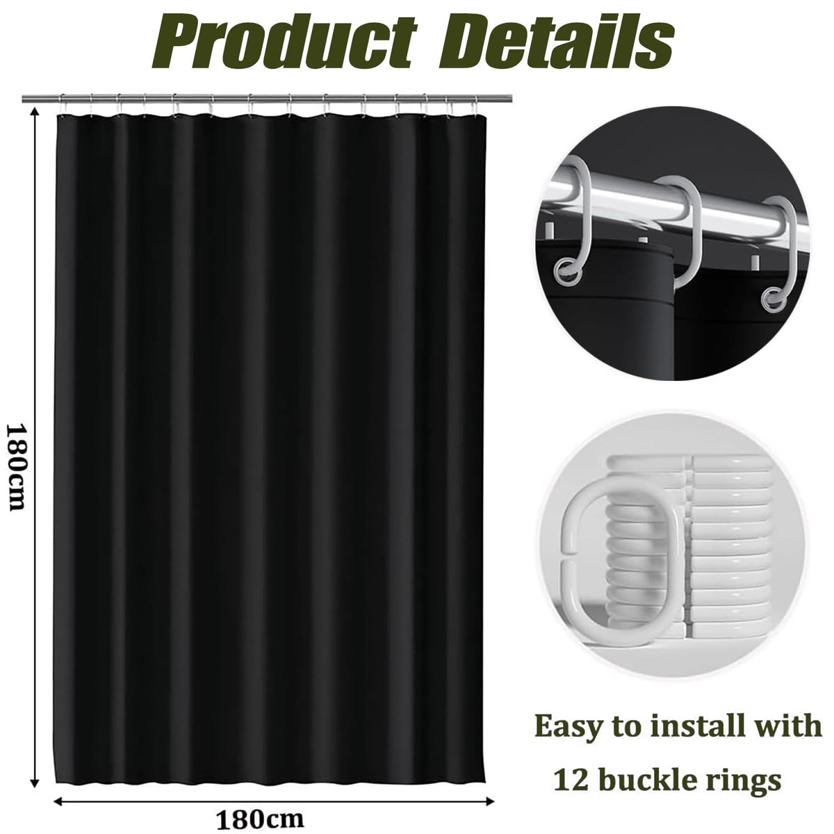 Shower Curtain, Solid Colour Fabric Shower Washable Curtain Mould Resistant and Water Repellent, Shower Curtain for Bathroom (Black,180 * 180)