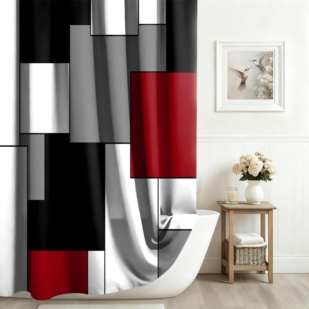 Xiaoterna Geometric Shower Curtain Red and Black Bathroom Curtain Modern Abstract Art Colorful Square Stripes Water Repellant Fabric Washable Shower