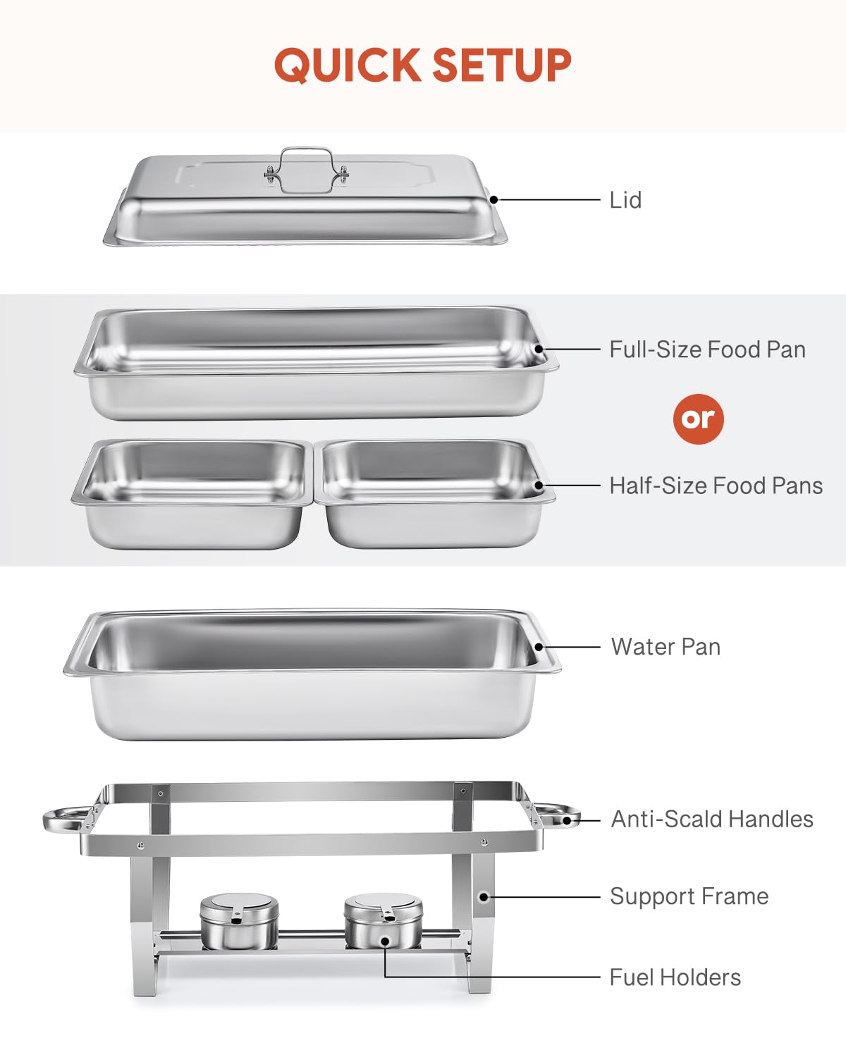 WILPREP Chafing Dish Buffet Set, 2 Pack 9L Chafers for Catering with 2 Full & 4 Half Size Pans Lids Foldable Frames Fuel Holders, Stainless Steel Food