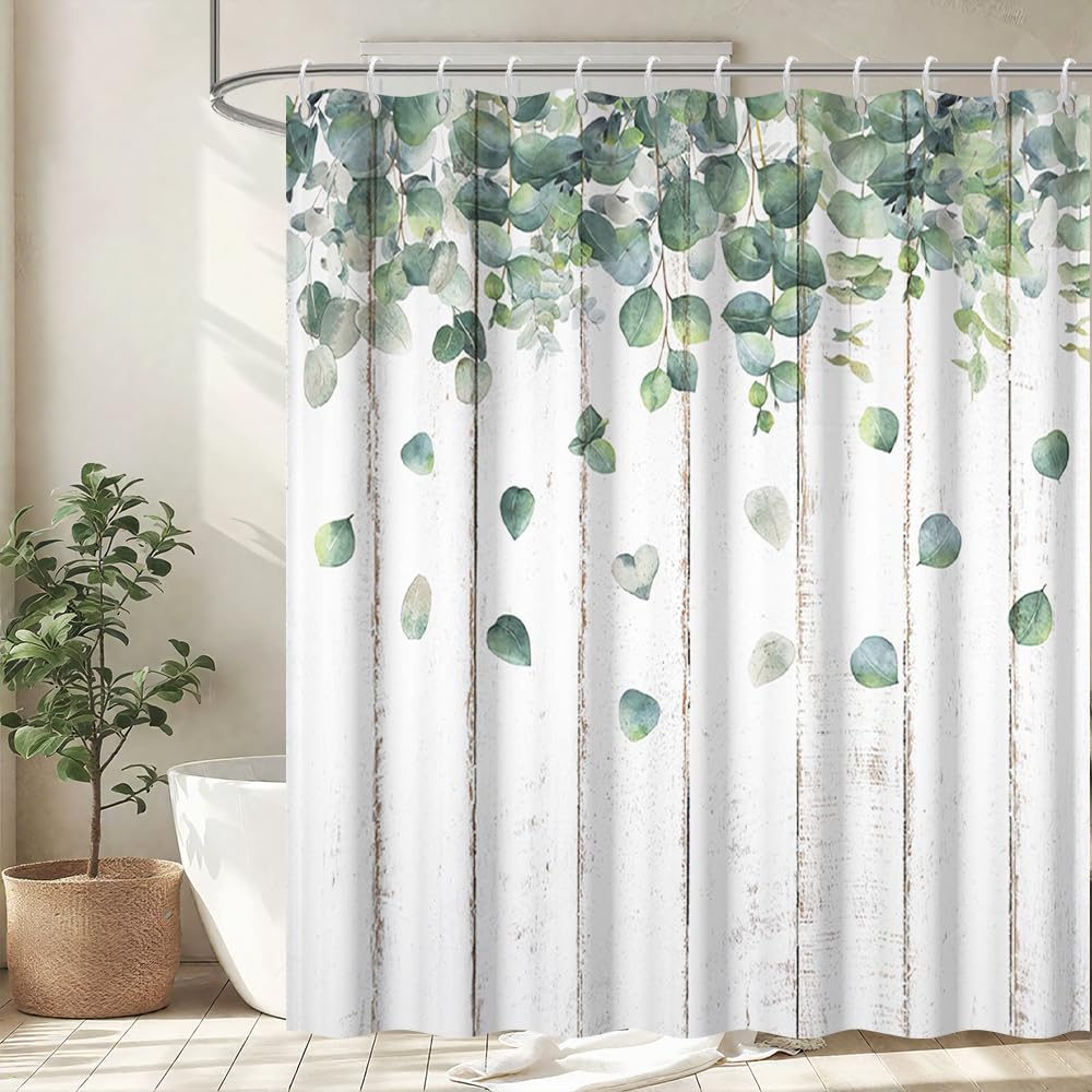 Uiiooazy Green Eucalyptus Shower Curtain, Rustic Leaves Shower Curtain Wooden Board Background Bath Curtain Anti Mildew Waterproof Polyetser Fabric
