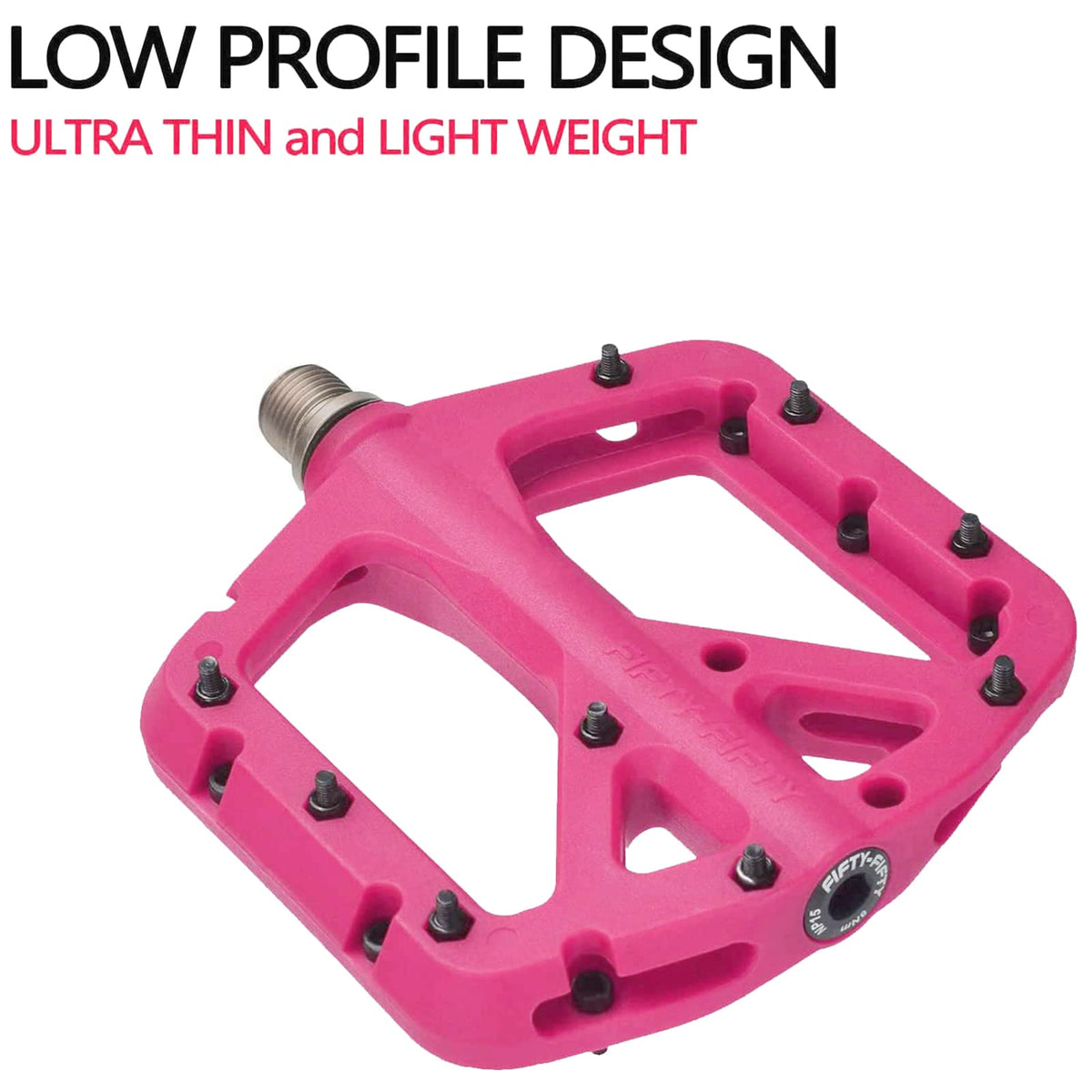 FIFTY-FIFTY Mountain Bike Pedals, Non-Slip MTB Nylon Composite, 9/16" Bicycle Pedals, Lightweight and Wide Flat Platform (Pink)