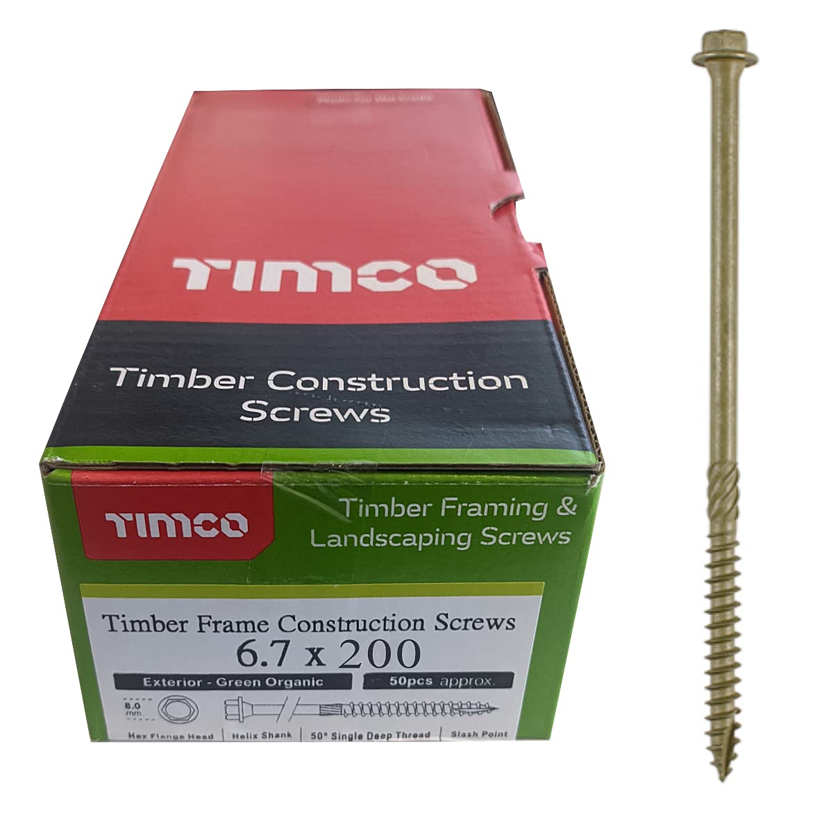 TIMCO Timber Screw ? Hex Head ? Exterior Green ? 6.7 x 200 - Box of 50