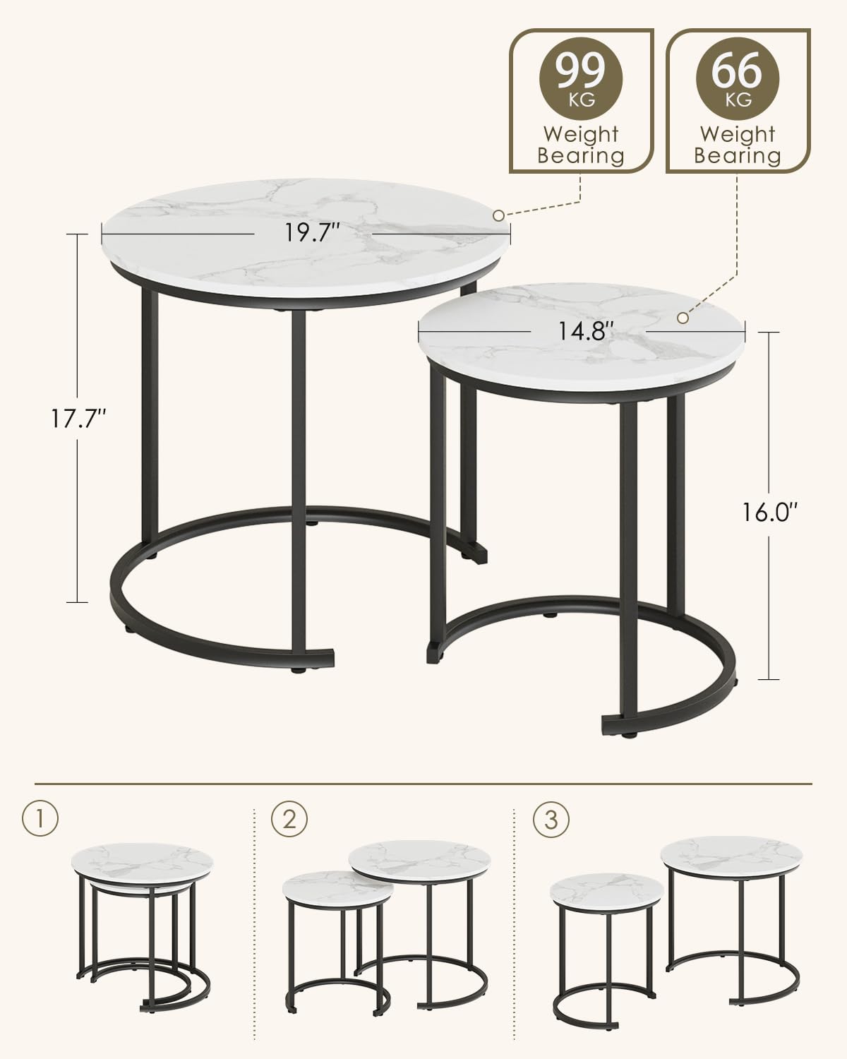 HEYZOEY Round Coffee Tables, Removable Set of 2 End Table, Nesting Table, Side Table with Black Metal Frame Legs and Marble White Top for Living Room