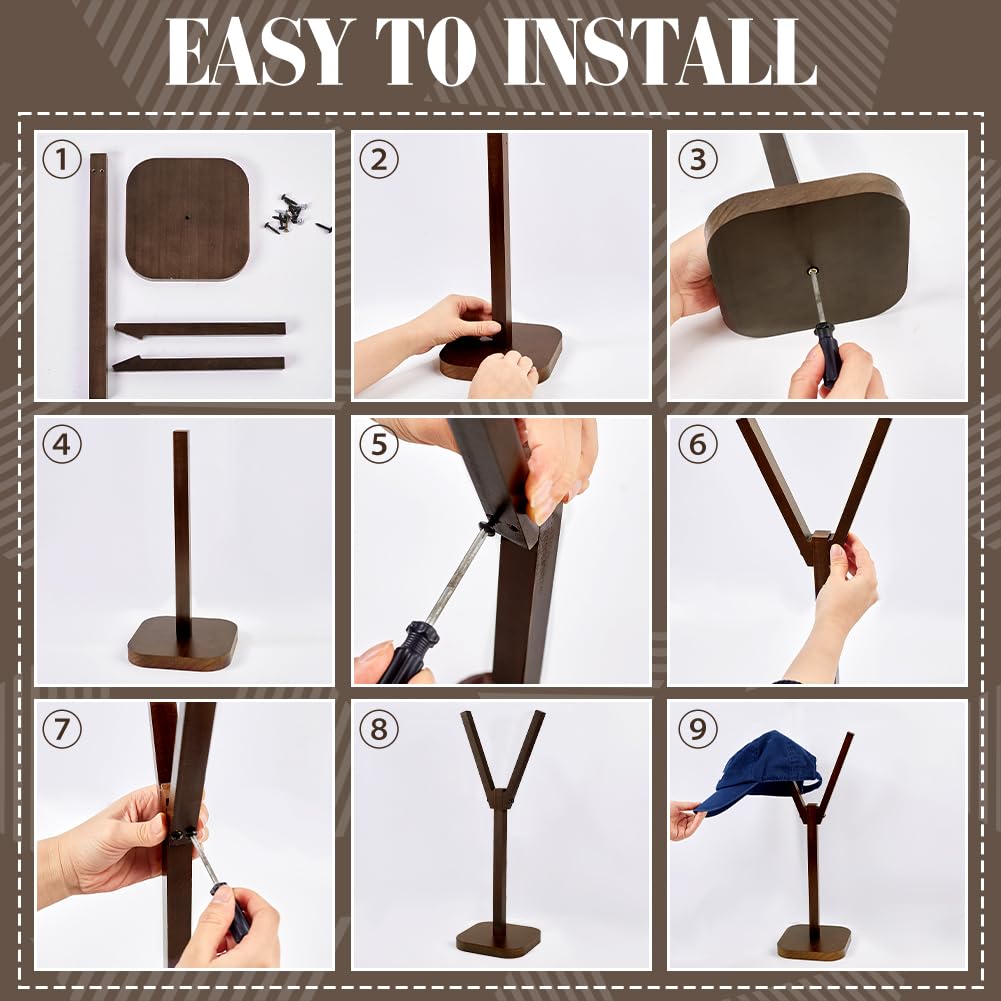 PH PandaHall Wooden Hat Stand, Baseball Caps Display Rack Y Shaped Wood Hat Racks Brown Tabletop Cap Storage Holder Hat Organizer Display for Closet