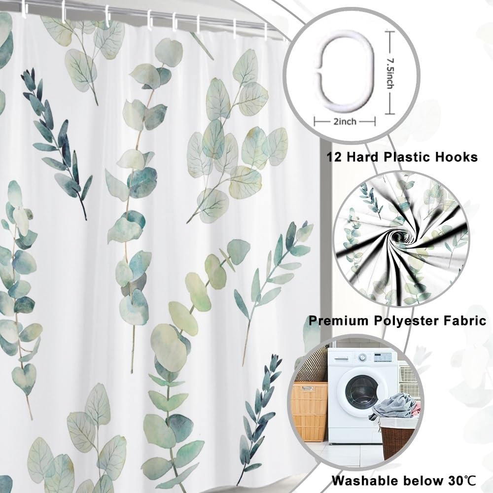 Uiiooazy Eucalyptus Shower Curtain, Blue Gray Leaves Pattern Bath Curtain Mildew and Mould Resistant Waterproof Polyester Fabric Washable Opaque